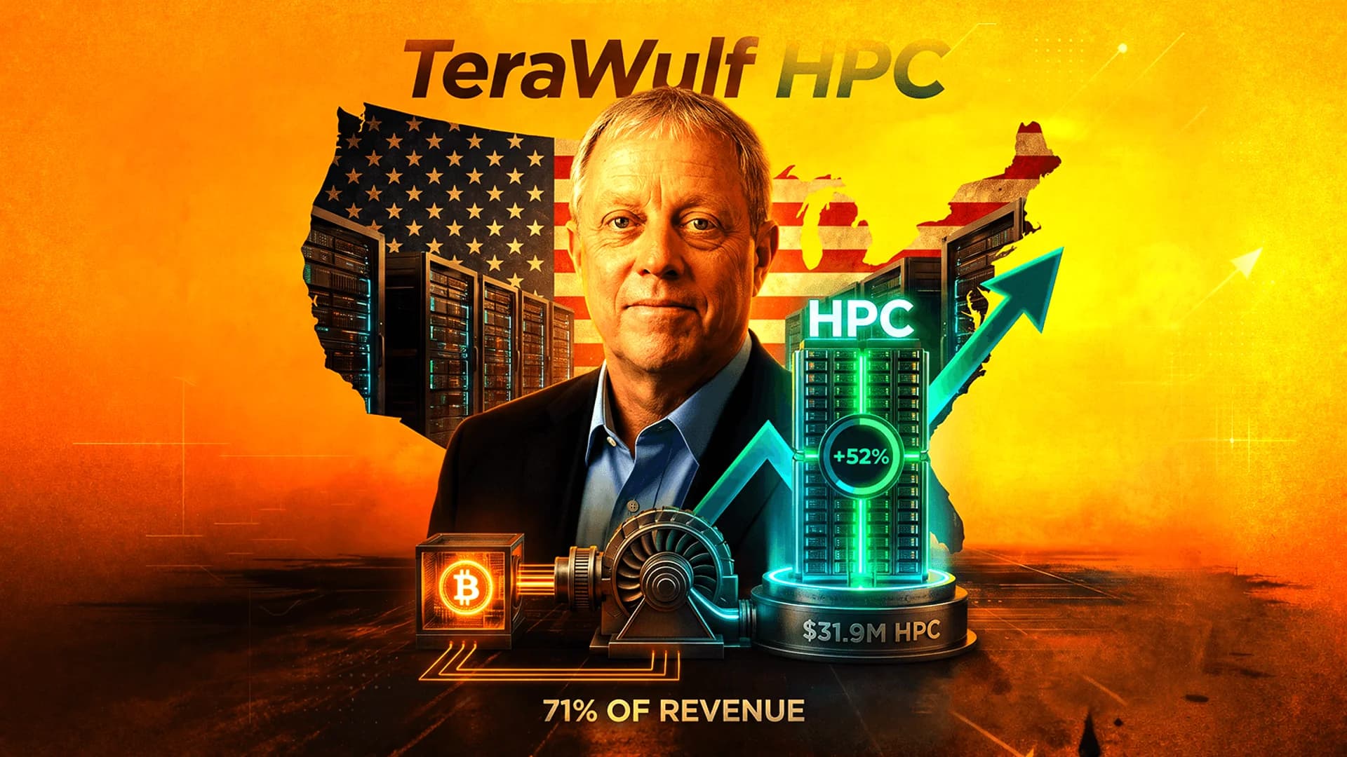 Portrait of a man with TeraWulf logo, Bitcoin icon, server racks, and data graphics on an orange background.
