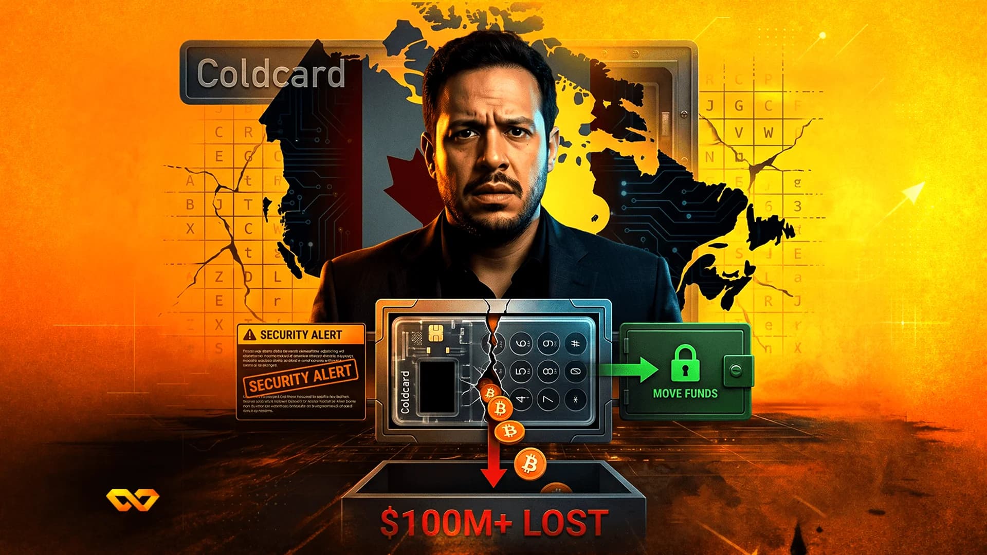 Man in front of a Canada map and a cracked hardware wallet with Bitcoin symbols falling into a box.