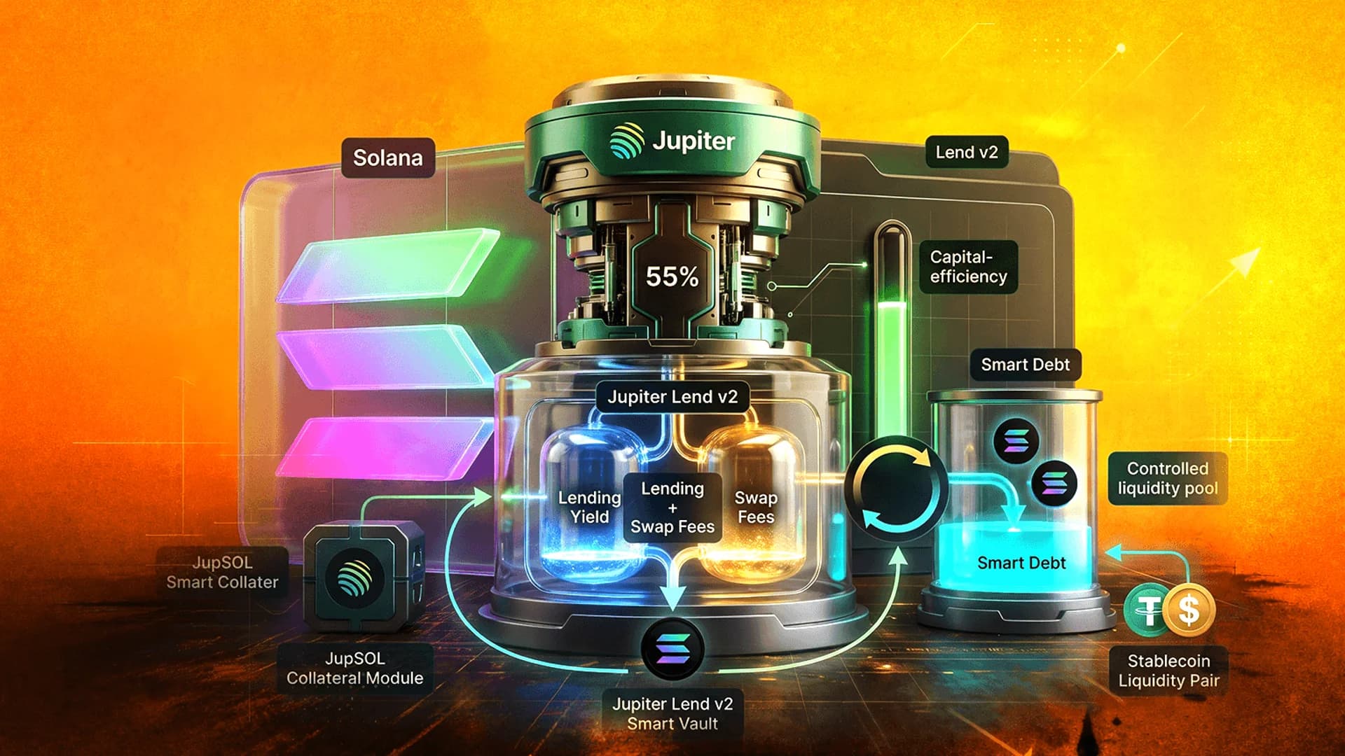 Futuristic 3D illustration of a Jupiter DeFi machine on Solana with glowing tubes, logos, and flow diagrams.
