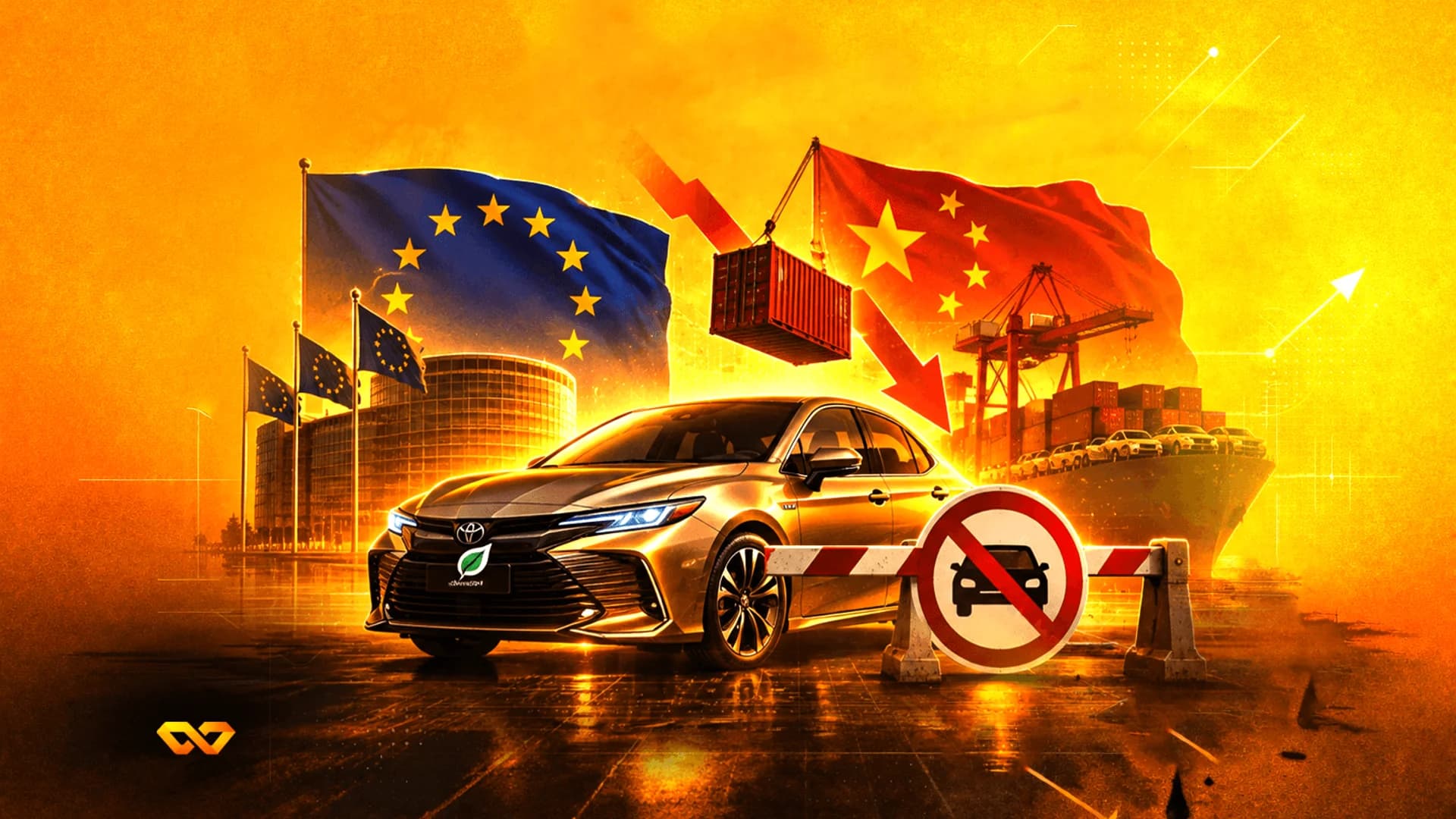 Toyota car between EU and China flags with a cargo ship, shipping container, and a no-entry barrier.