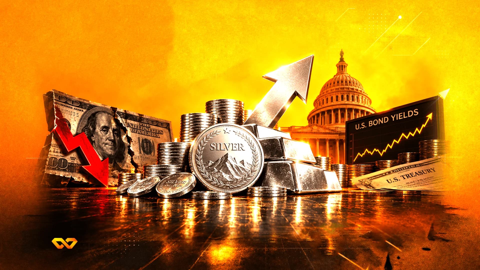 Silver coins and bars with an upward arrow, a torn dollar bill, and a bond yield chart before the US Capitol.