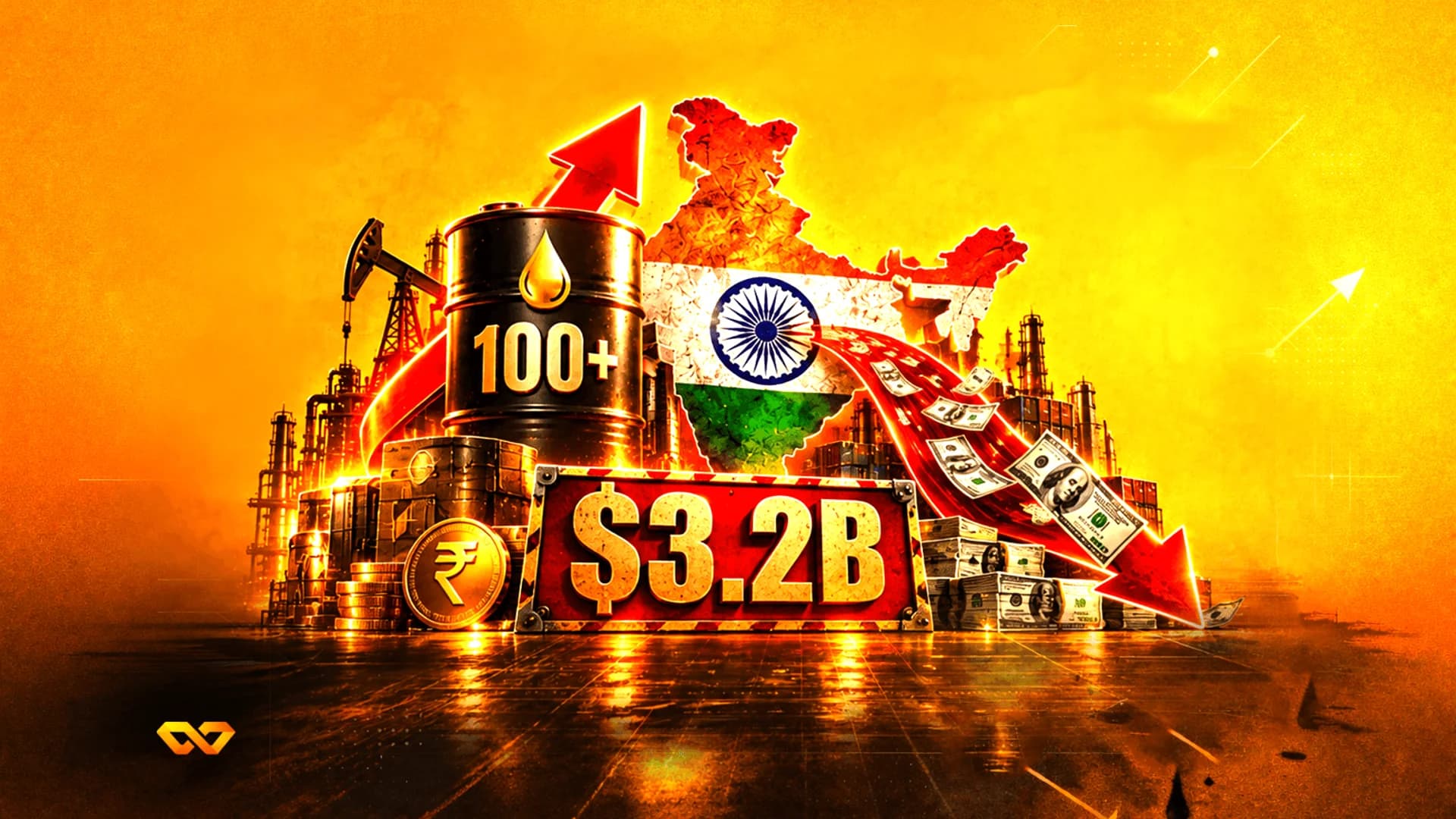 India map with flag, oil barrels, refinery, $3.2B sign, and currency symbols on an orange background.