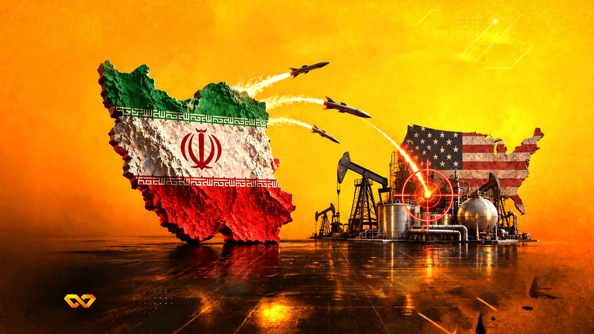 Map of Iran launching missiles at an oil refinery in front of a USA flag map on an orange background.