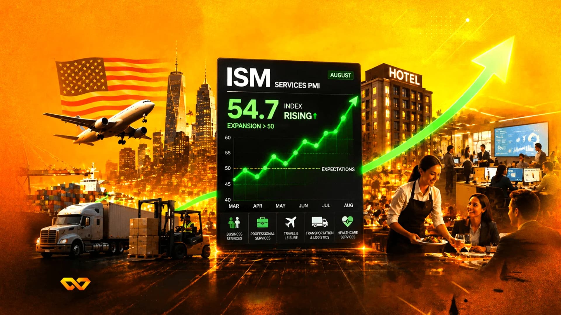 Digital display showing ISM Services PMI at 54.7 with an upward chart, US flag, and city background.