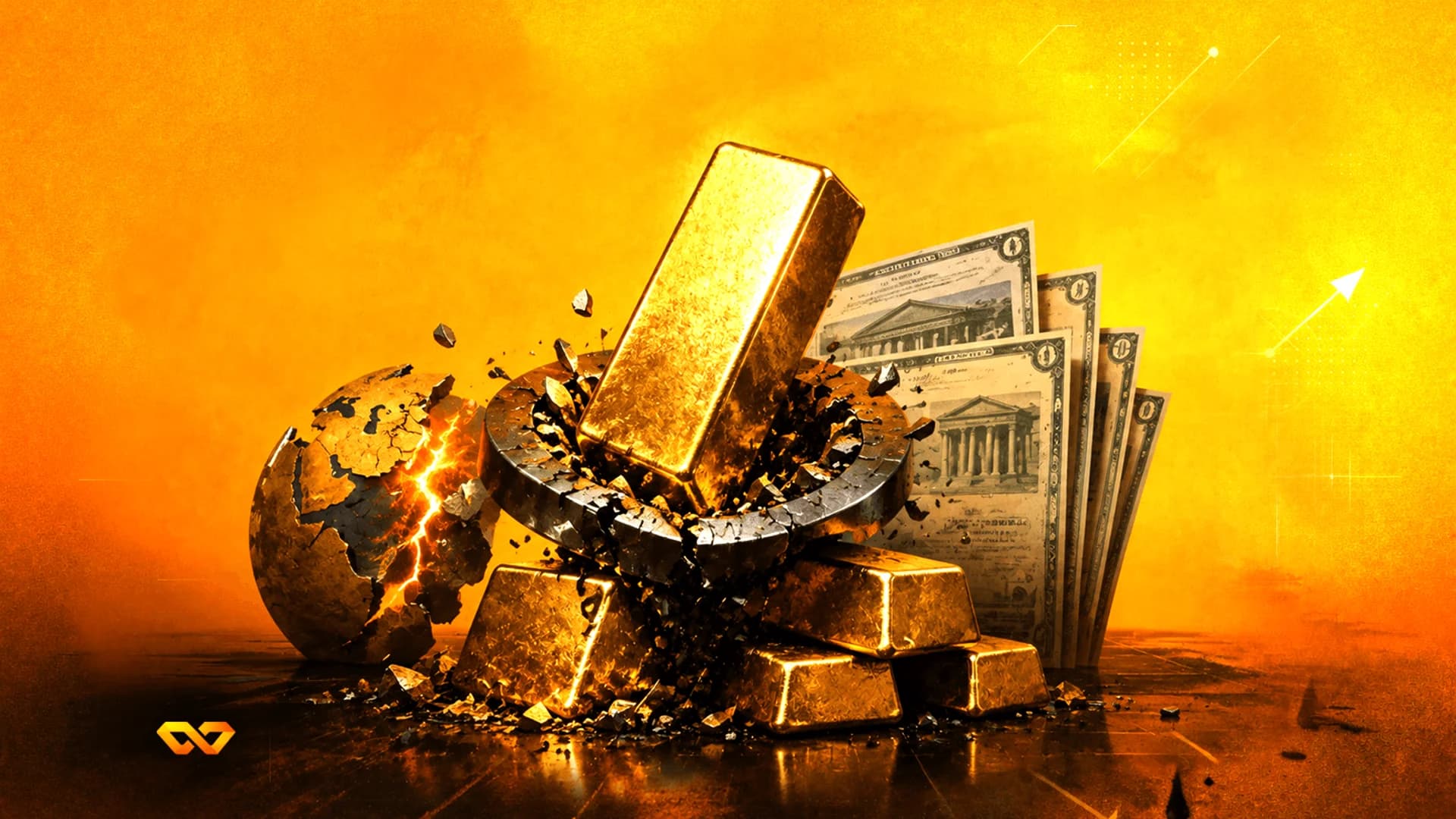 Gold bars and vintage banknotes next to a cracked globe with glowing light on a textured orange background.