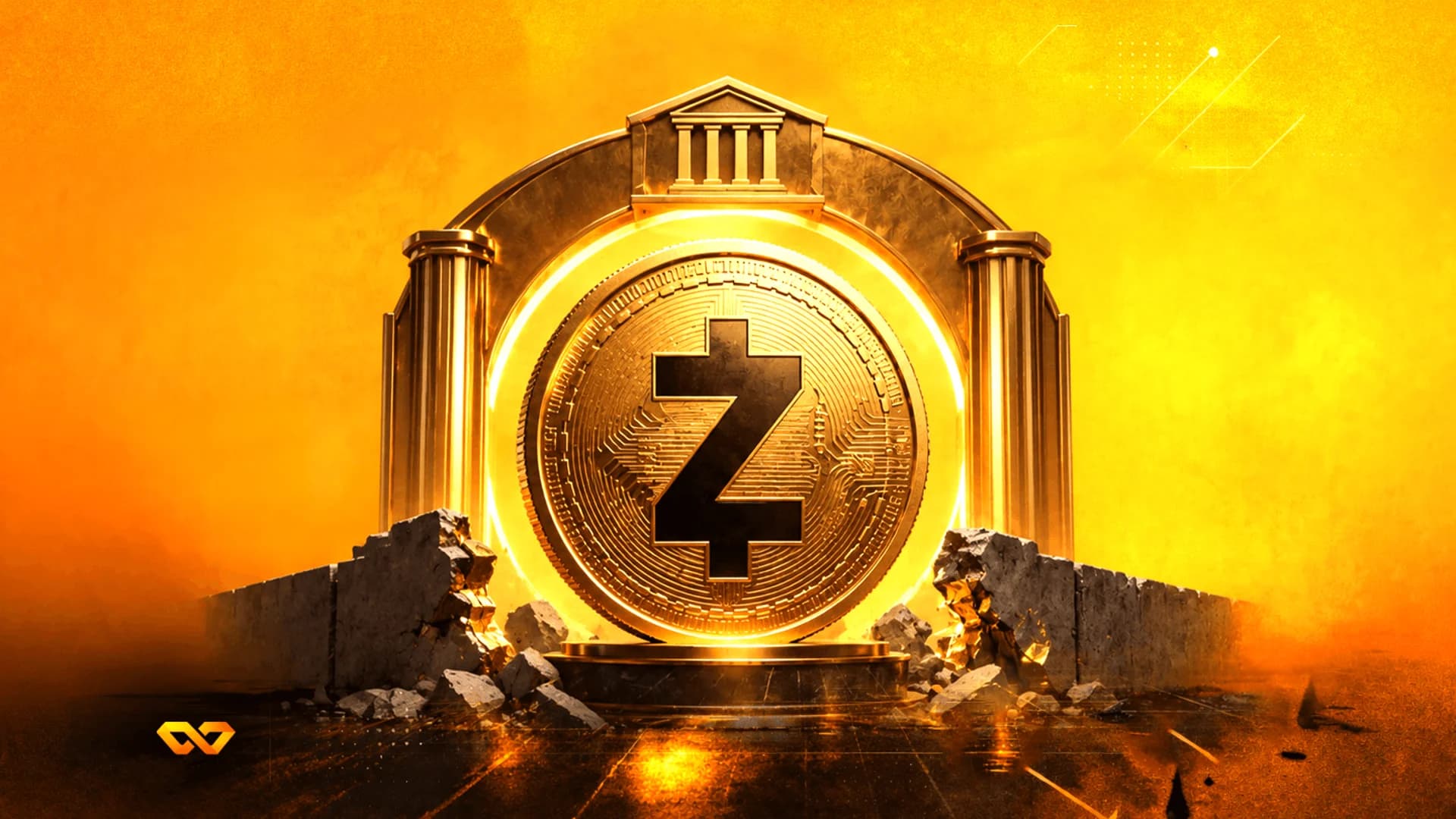 A gold coin with a black Z logo inside a classical stone archway on a bright orange background.