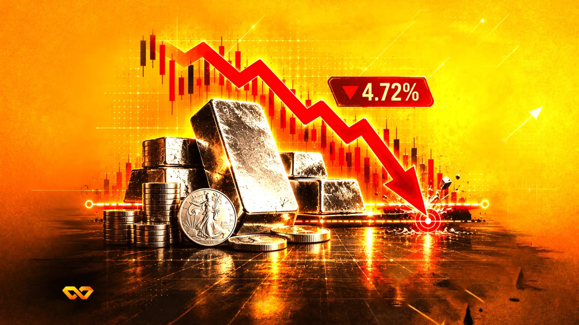 Silver bars and coins with a red downward arrow and a candlestick chart on a glowing orange background.