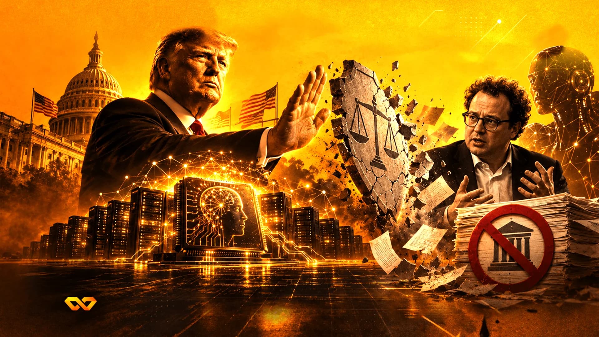 Digital collage of Donald Trump, the US Capitol, a broken justice shield, and AI server racks in orange tones.