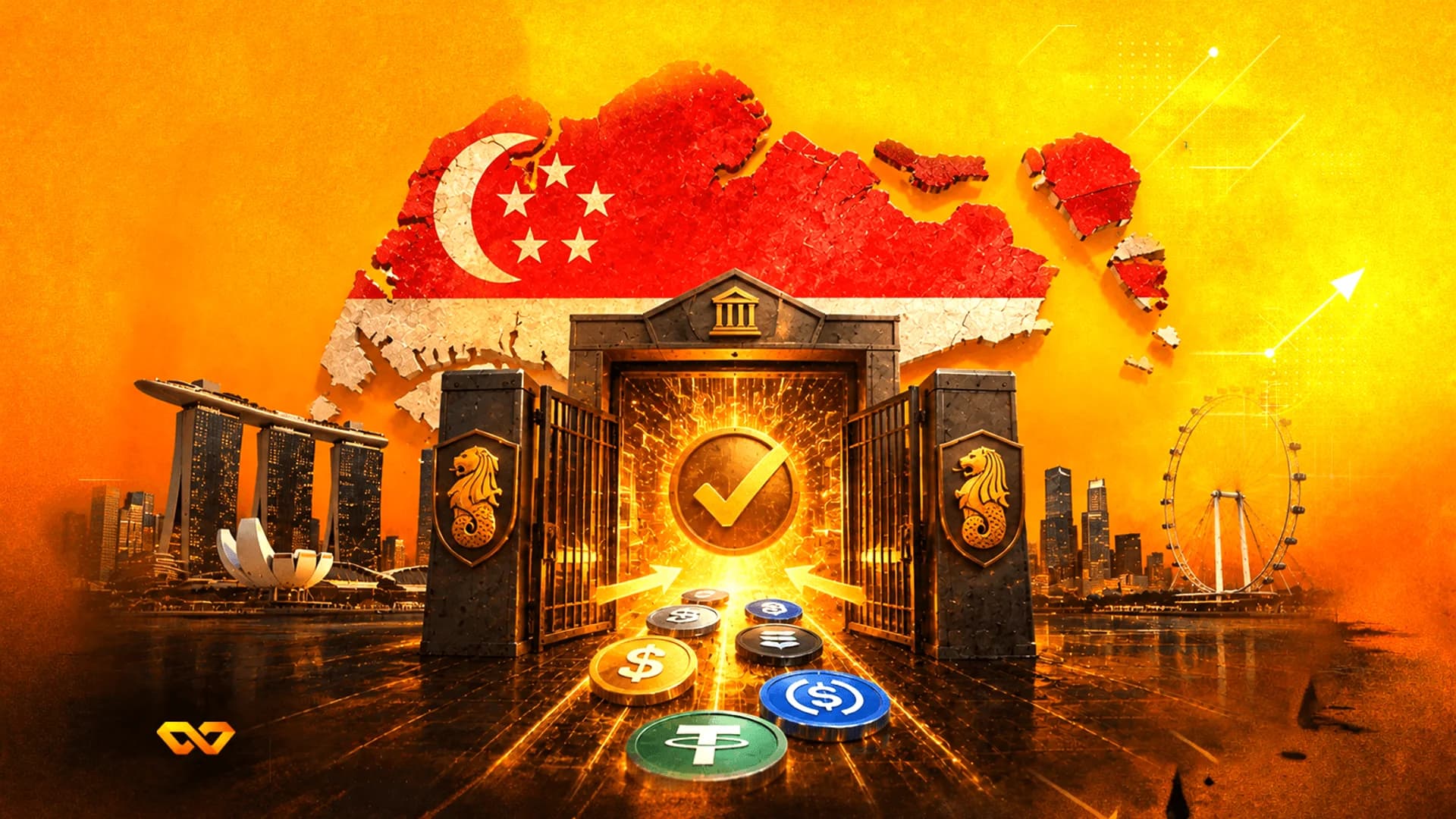 Singapore map with flag above a gate with Merlion crests, surrounded by crypto coins and city landmarks.