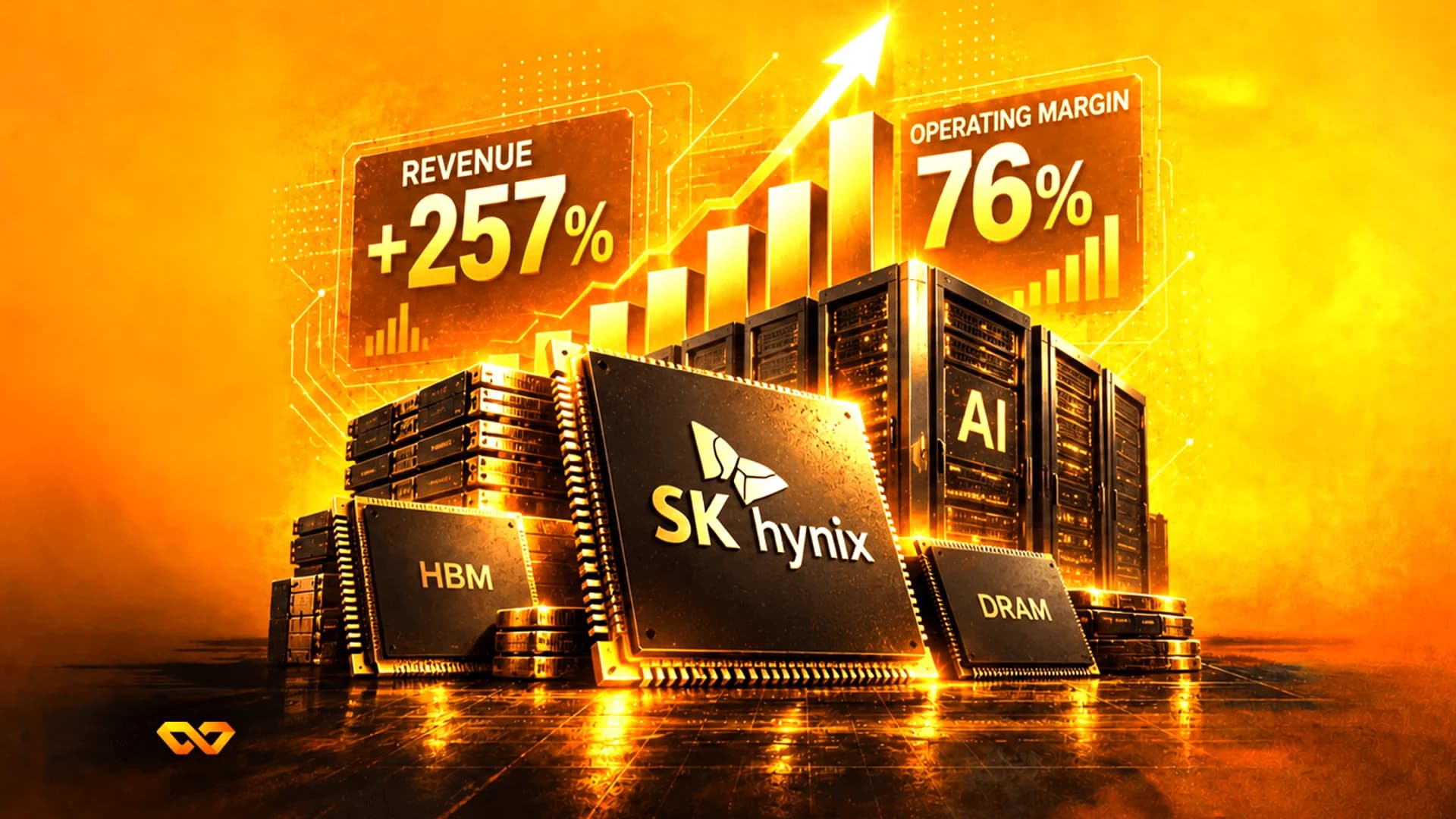 Golden graphic with SK hynix chips, server racks, and rising charts showing revenue and margin growth.