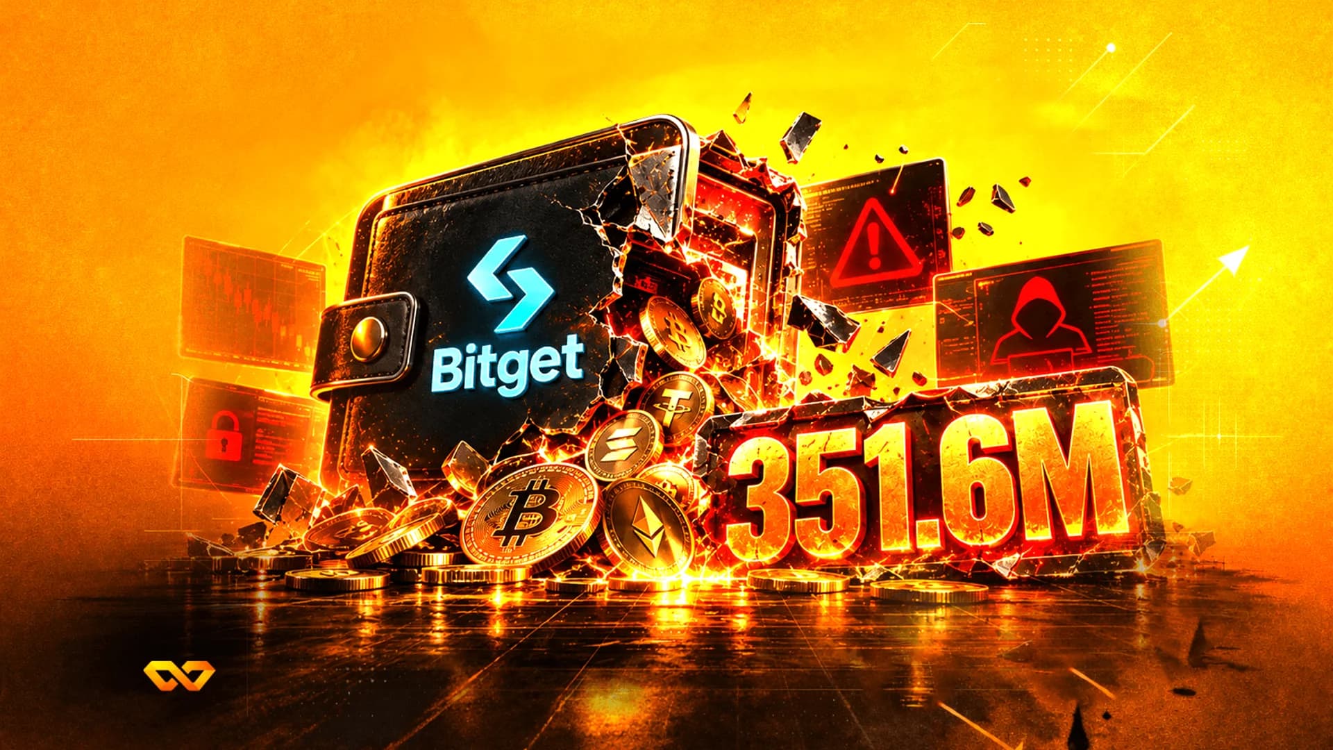 A black wallet with the Bitget logo breaking open, spilling crypto coins next to a large glowing 351.6M figure.