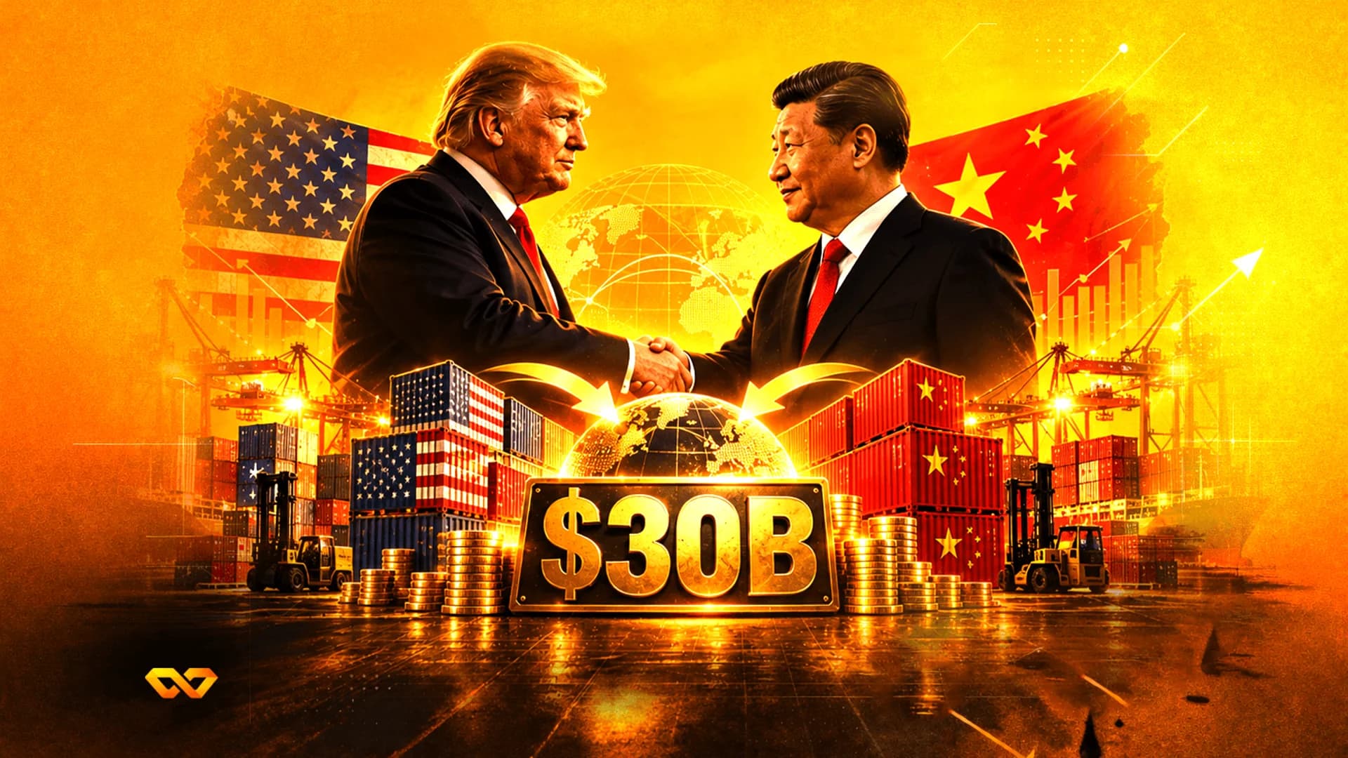 Donald Trump and Xi Jinping shake hands in front of US and China flags, shipping containers, and a $30B sign.