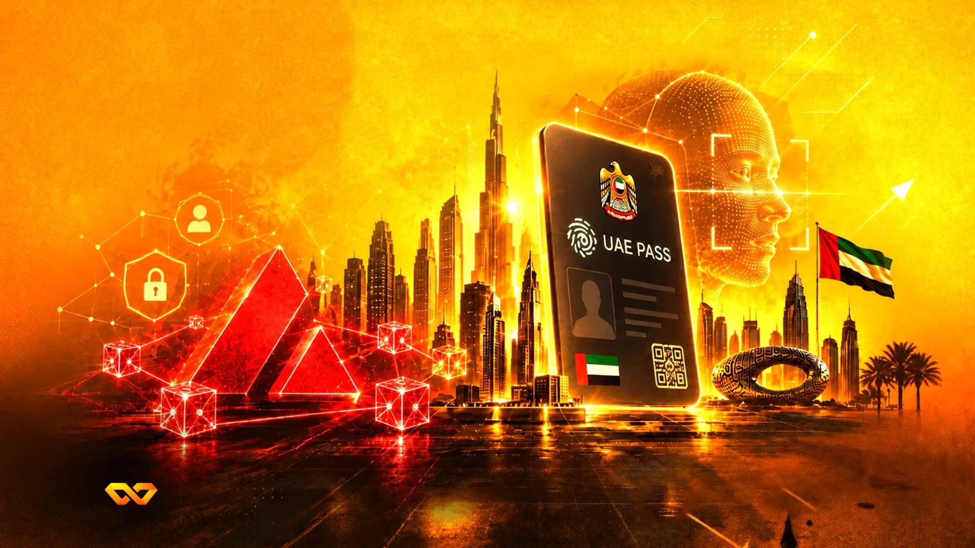 Digital illustration of the UAE PASS on a phone screen against the Dubai skyline and an Avalanche logo.