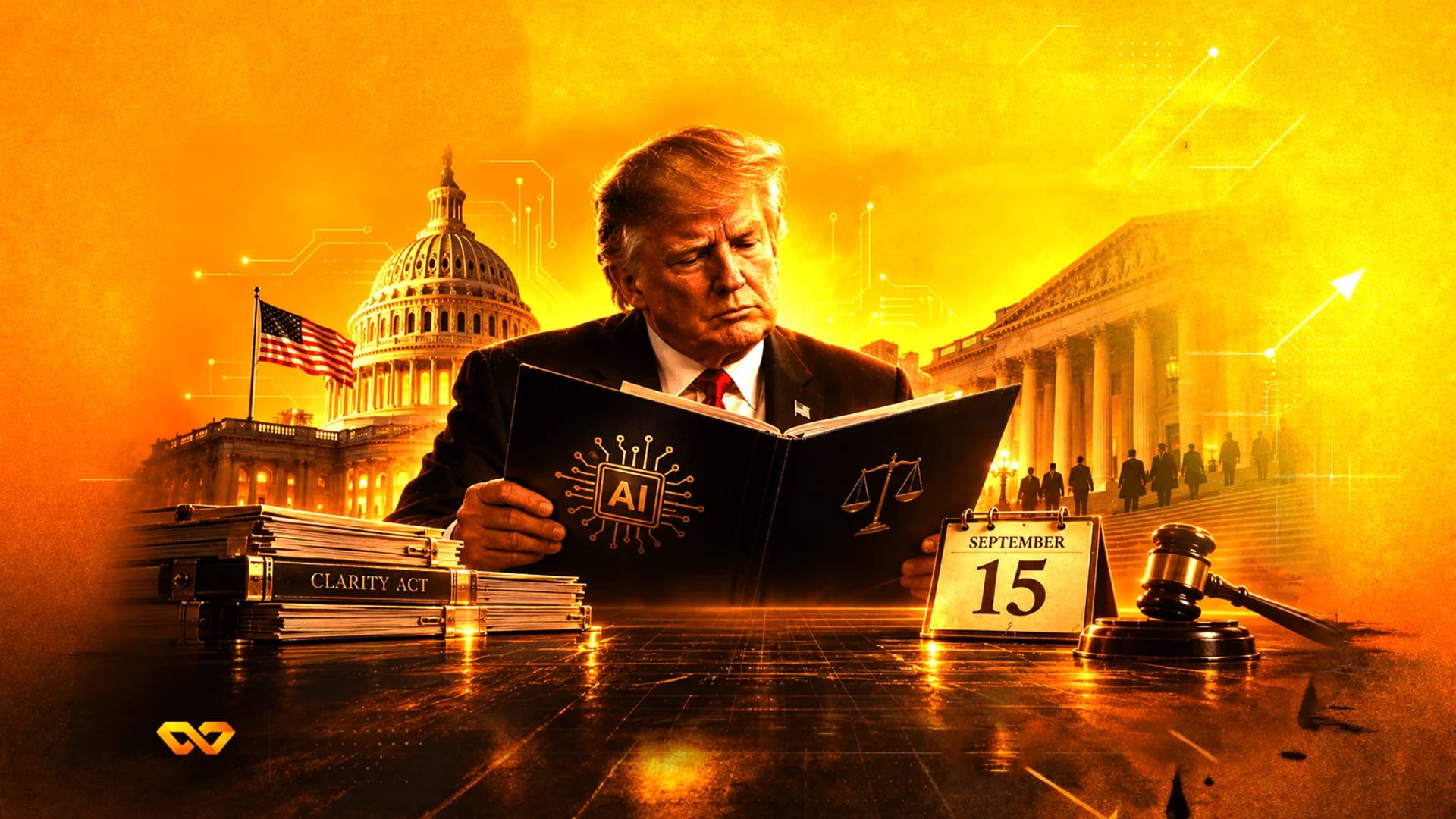 Donald Trump reading a book with an AI logo, US Capitol and Supreme Court in a golden-toned background.