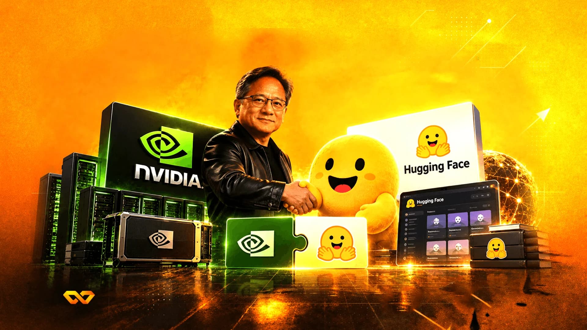 Jensen Huang shaking hands with the Hugging Face mascot, surrounded by NVIDIA hardware and logos on an orange background.