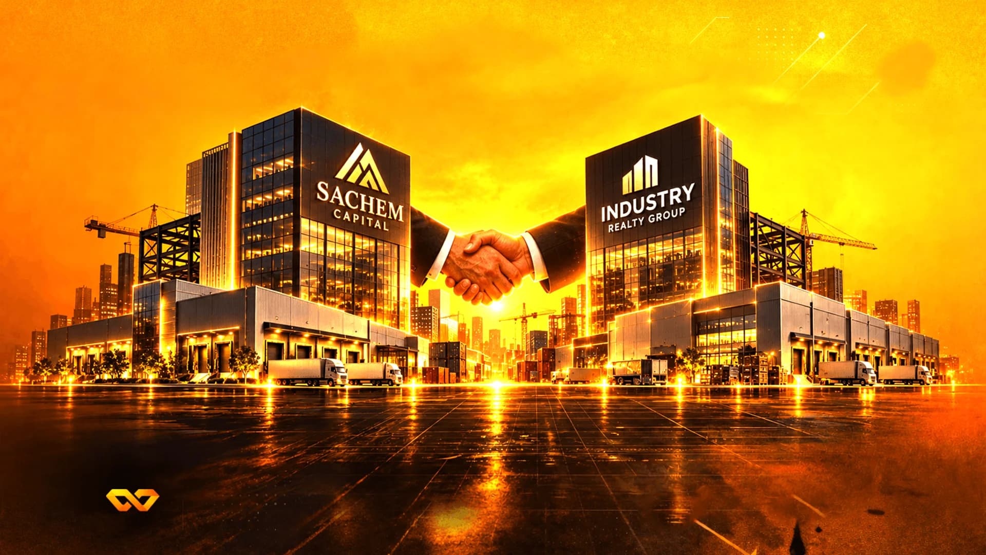 Buildings with Sachem Capital and Industry Realty Group logos joined by a handshake in a golden cityscape.