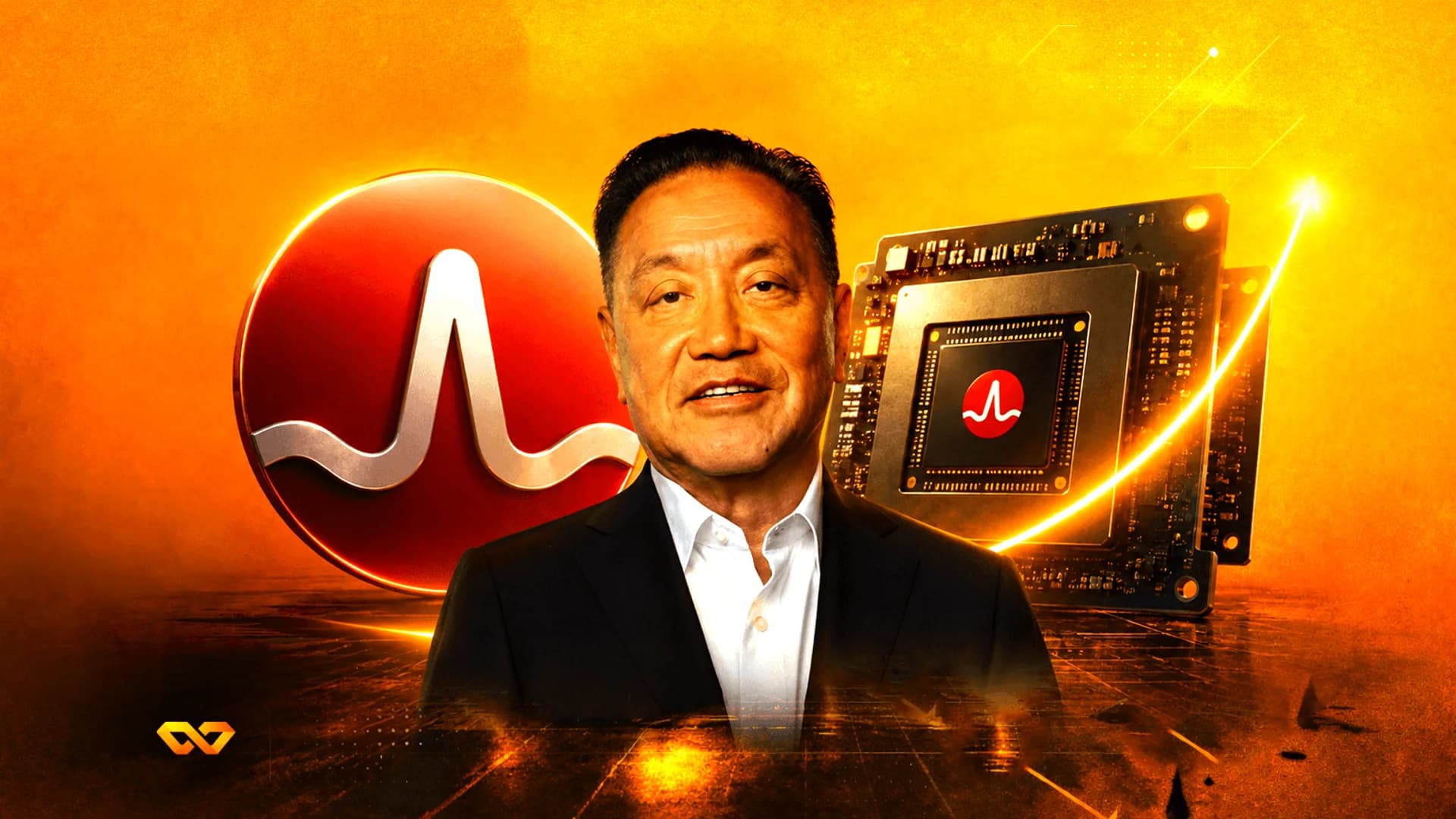 Portrait of a man in a suit next to a red logo and a computer chip against an orange background with a rising arrow.