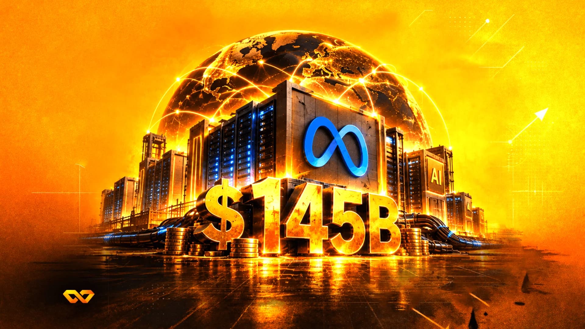 Digital illustration of a Meta-branded data center with a large $145B sign and a glowing globe background.