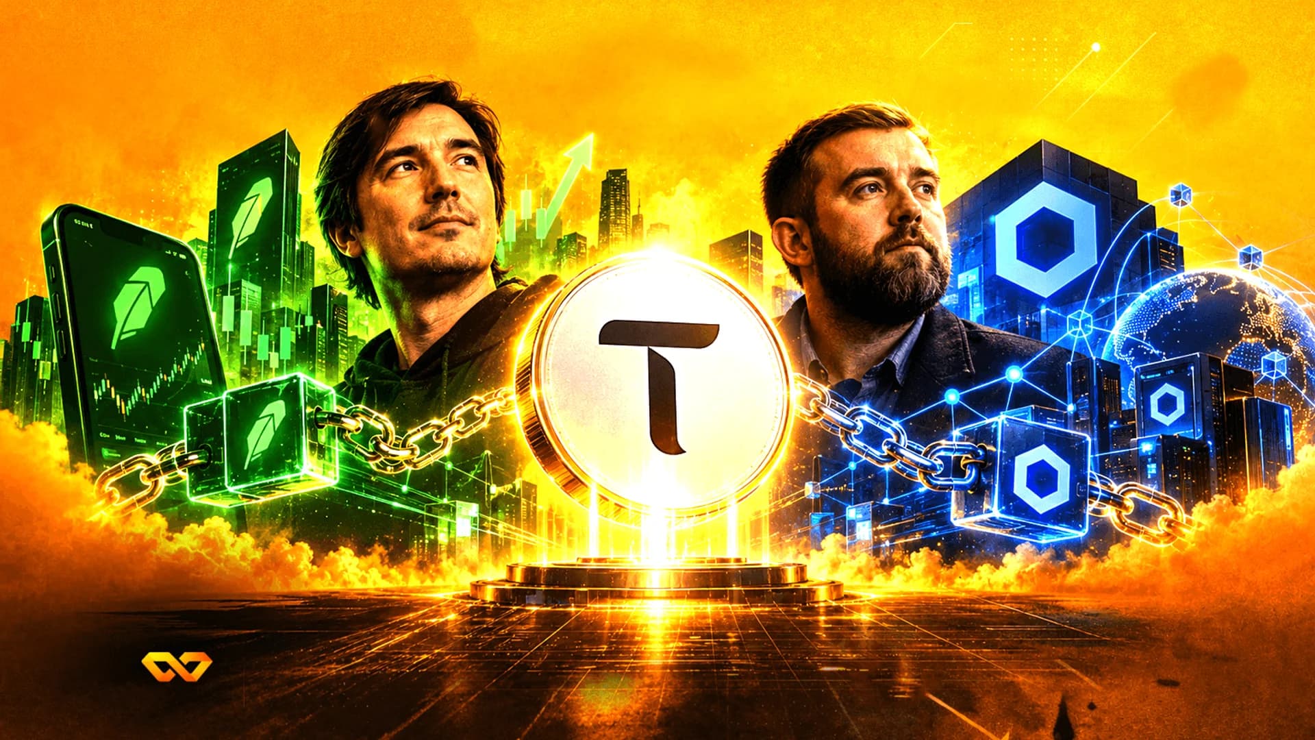 Two men's portraits flanking a central TAO coin, with Robinhood and Chainlink logos in a digital cityscape.