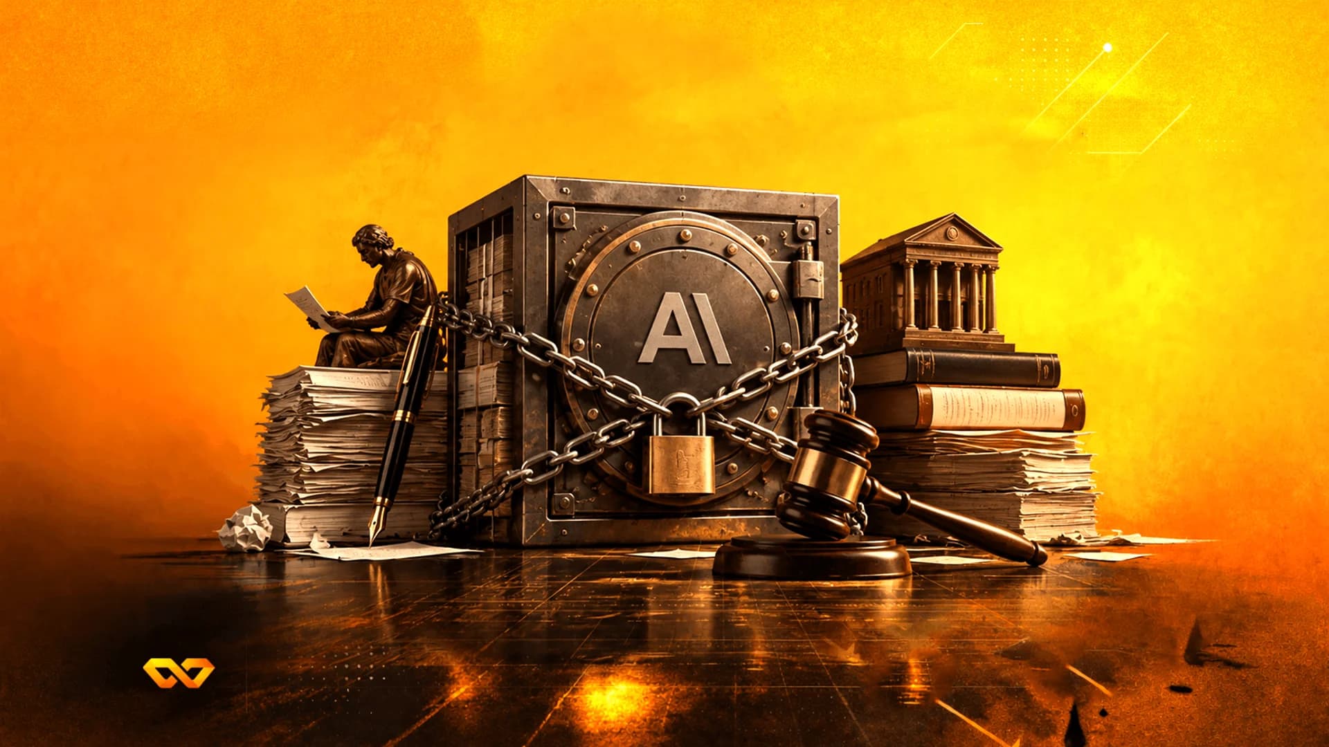 A metal safe with an AI logo, secured with chains and a padlock, surrounded by a gavel, books, and stacks of paper.