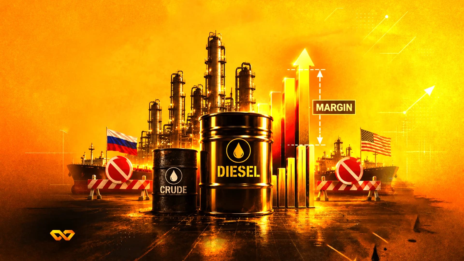 Digital illustration of crude and diesel oil barrels before a refinery, rising chart, and US and Russian flags.