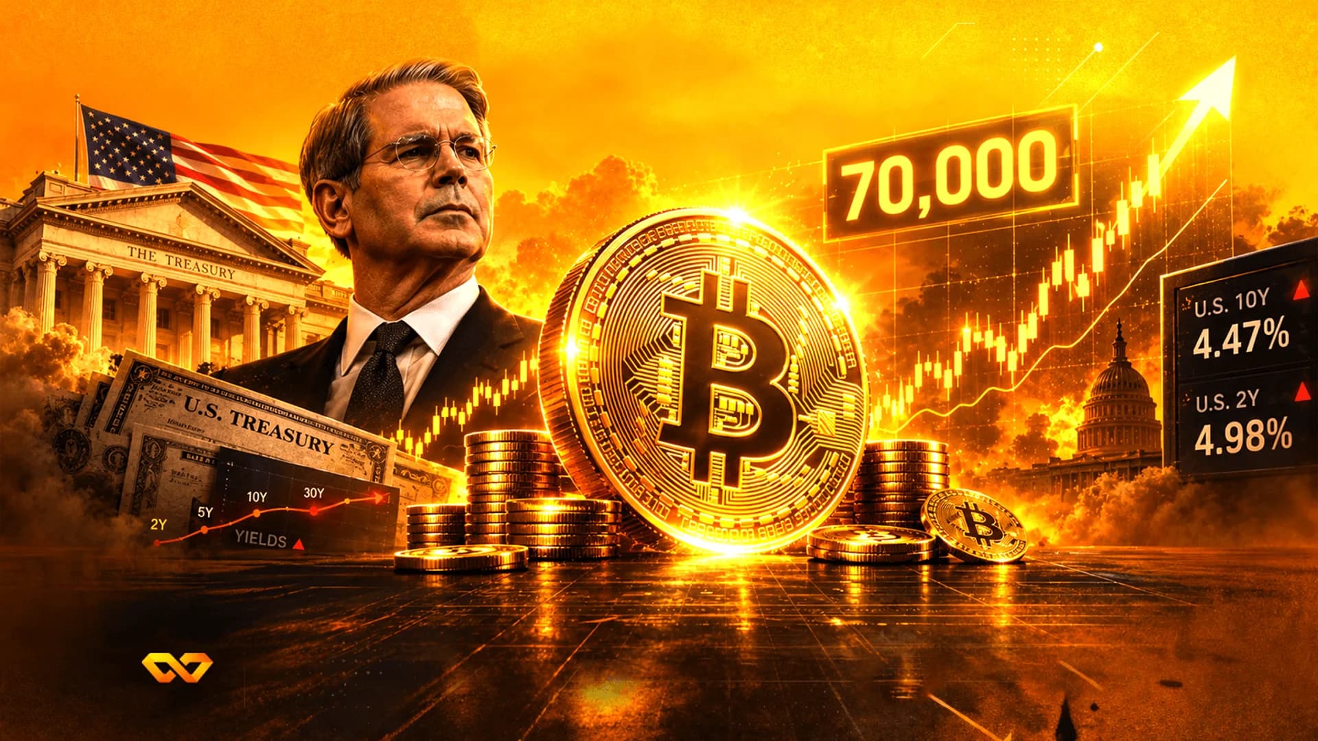 Collage featuring a man in a suit, a large Bitcoin coin, the U.S. Treasury building, and rising candlestick charts.