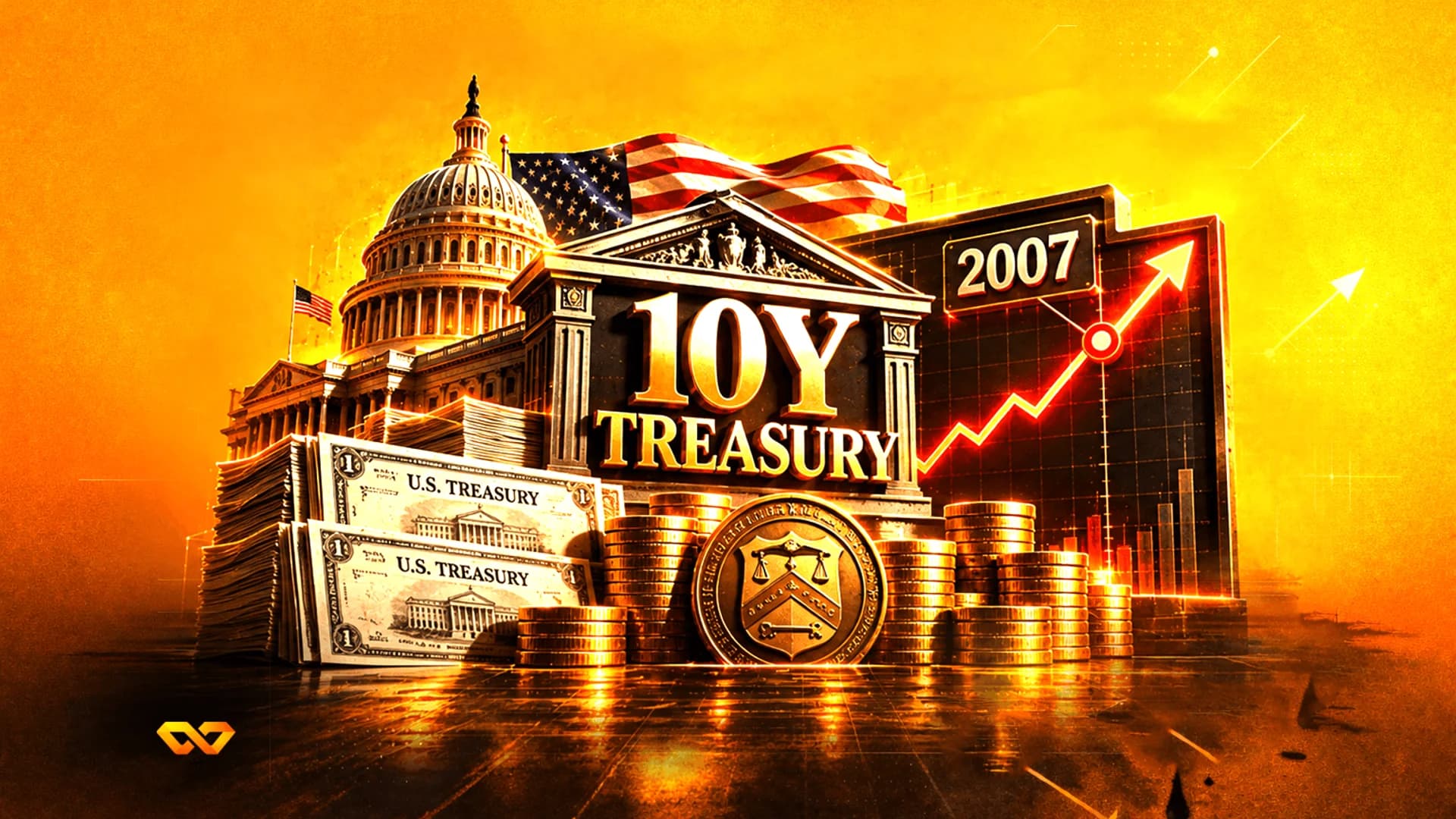 Digital illustration of the US Capitol, 10Y Treasury text, stacks of bills, and a rising chart against an orange sky.