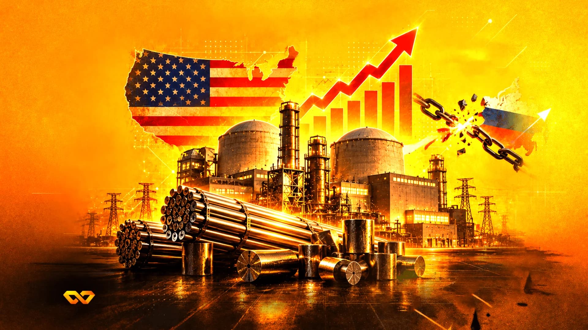 Digital illustration of a nuclear power plant, fuel rods, US and Russian flags, a rising chart, and a broken chain.