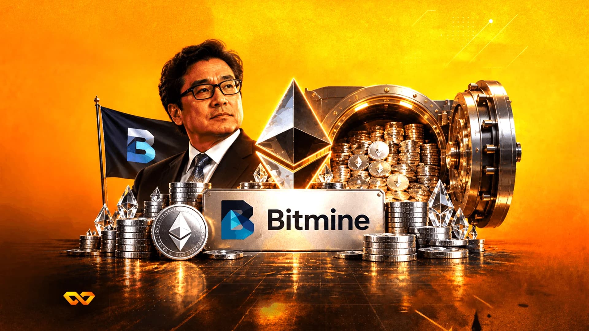 Man in a suit next to a large Ethereum logo, a vault of coins, and a sign reading Bitmine on an orange background.