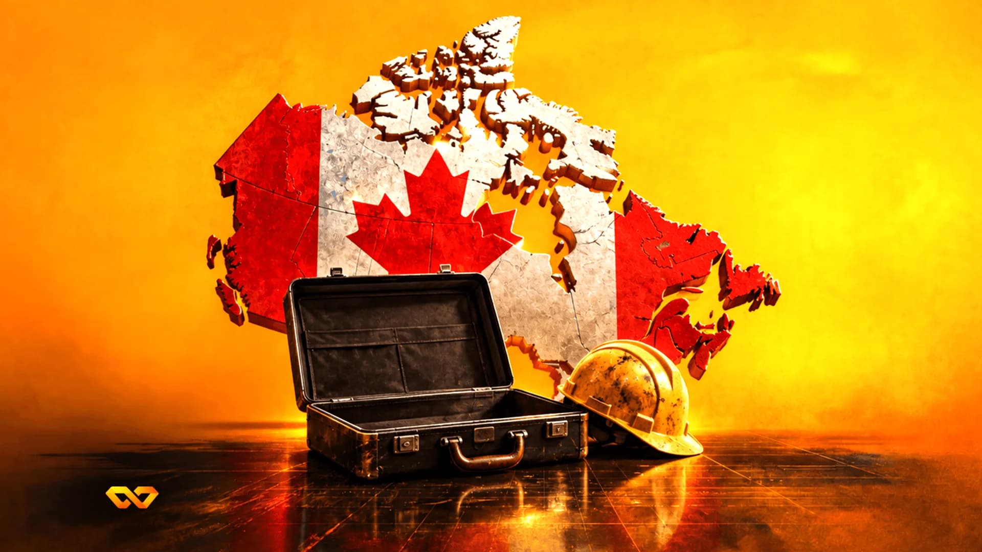 3D map of Canada with flag pattern, an open empty briefcase, and a yellow hard hat on a reflective surface.