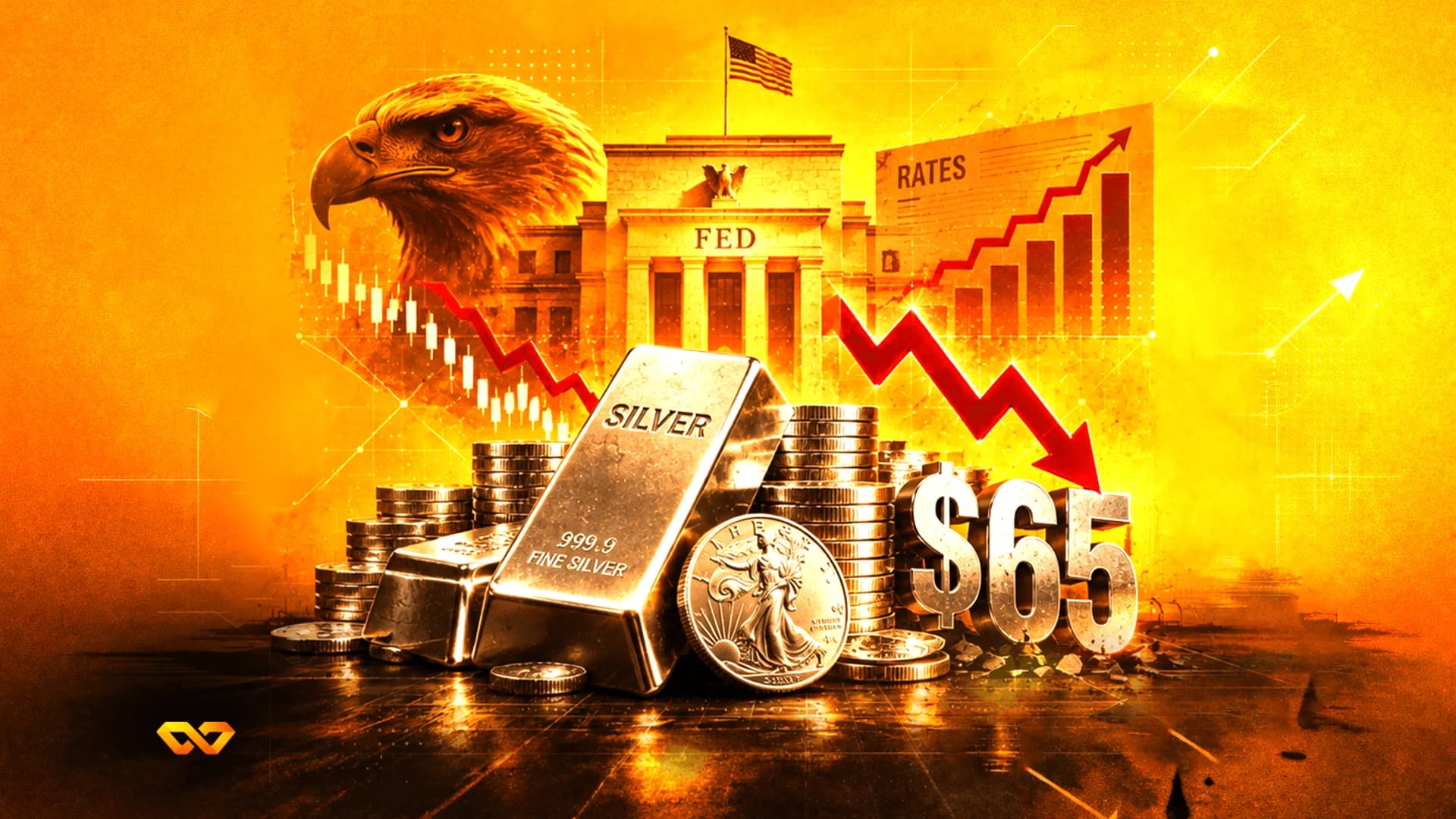Silver bars and coins with a red downward arrow, a 'FED' building, an eagle, and a '$65' sign on an orange background.