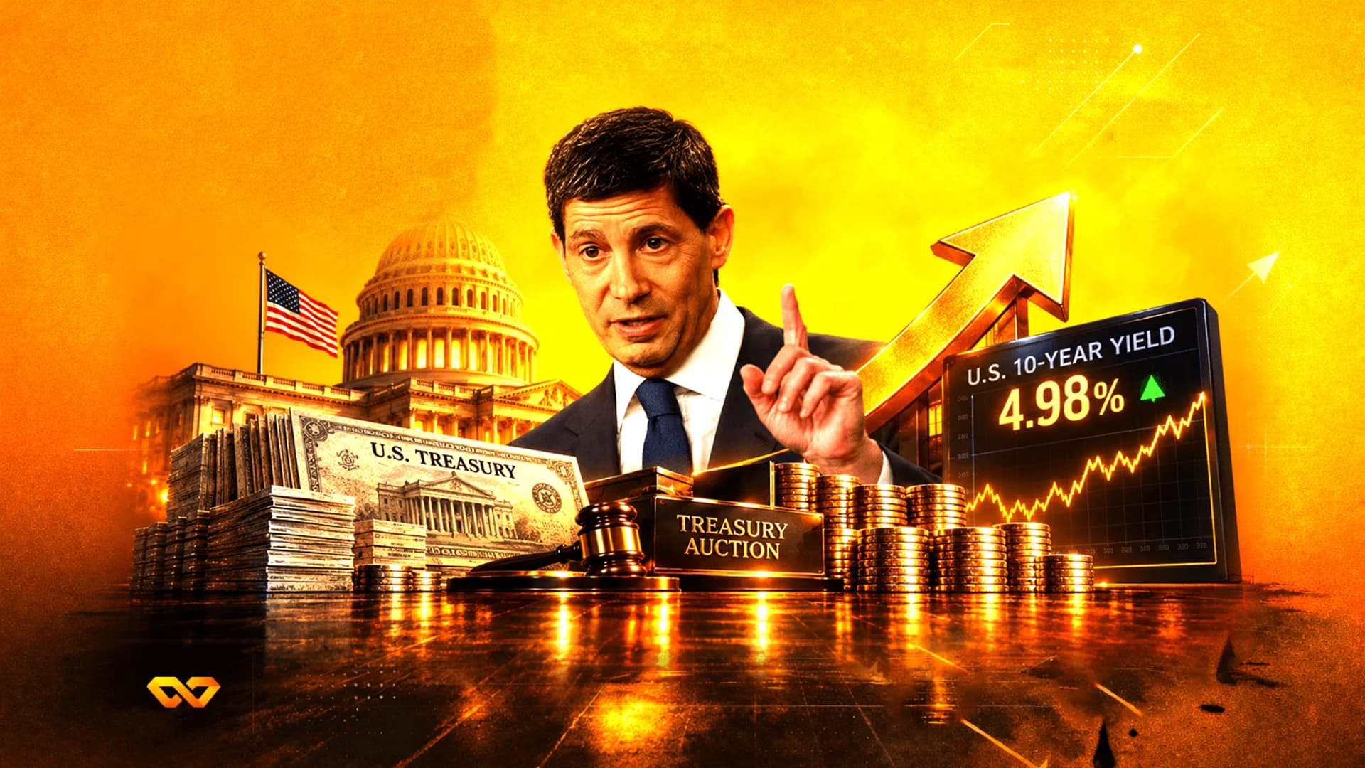Man pointing up next to a U.S. 10-year yield display, the Capitol building, and stacks of Treasury certificates.