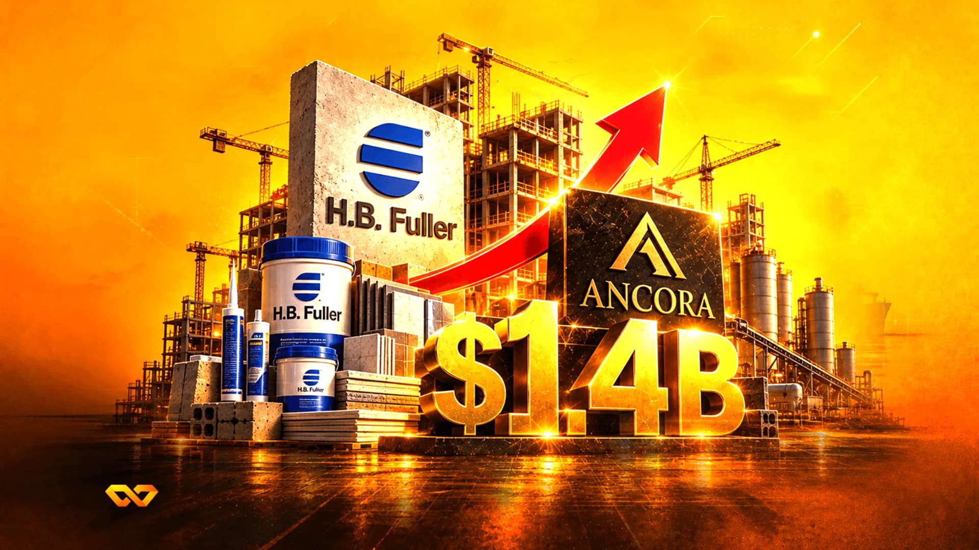 H.B. Fuller and Ancora logos with a $1.4B sign, construction site, and a rising red arrow on an orange background.