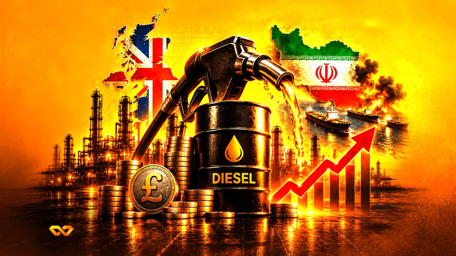 Fuel nozzle pouring into a diesel barrel next to pound coins, a rising chart, and maps of the UK and Iran.
