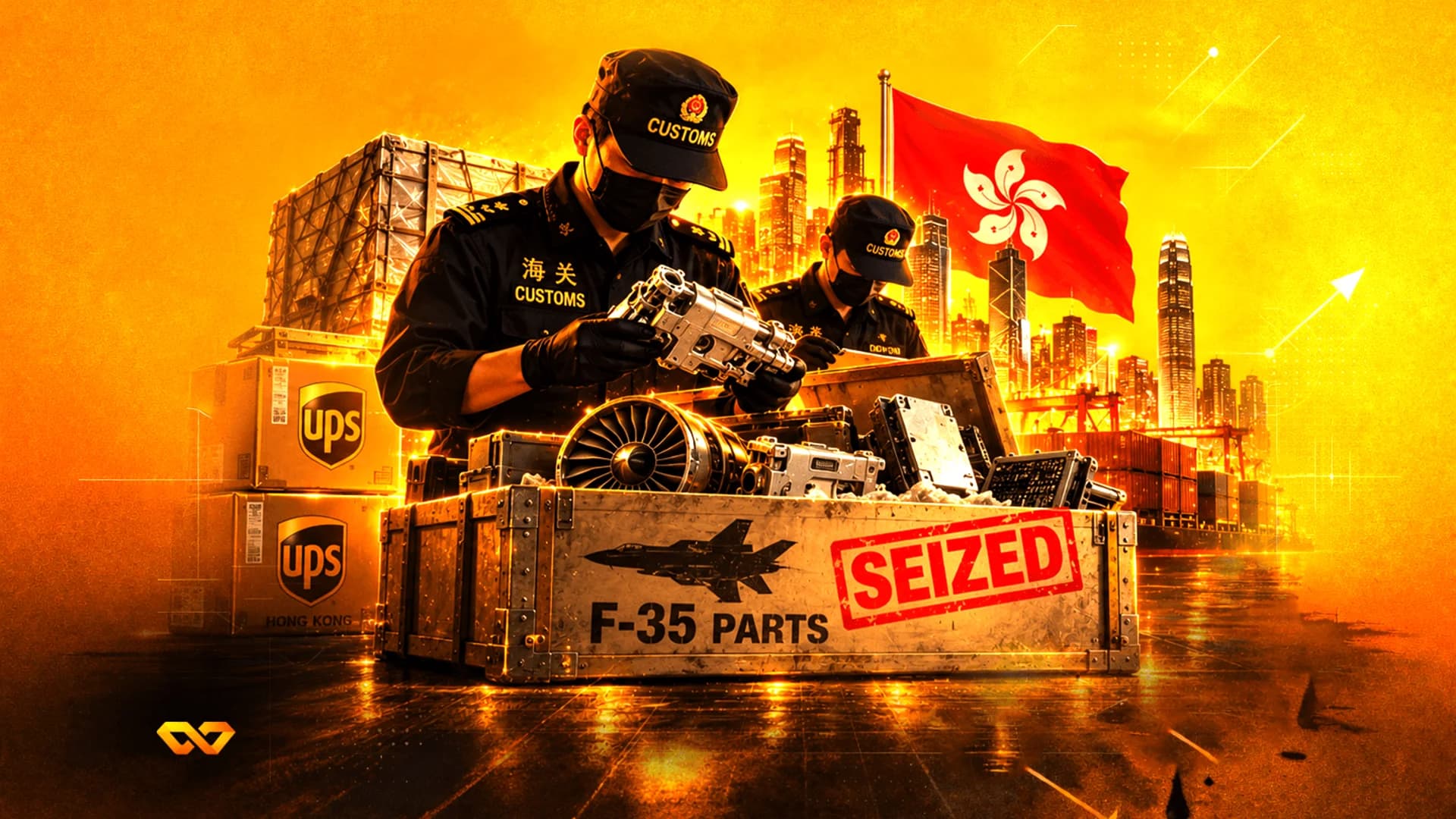 Customs officers inspect a crate labeled F-35 PARTS with a SEIZED stamp against a Hong Kong skyline.