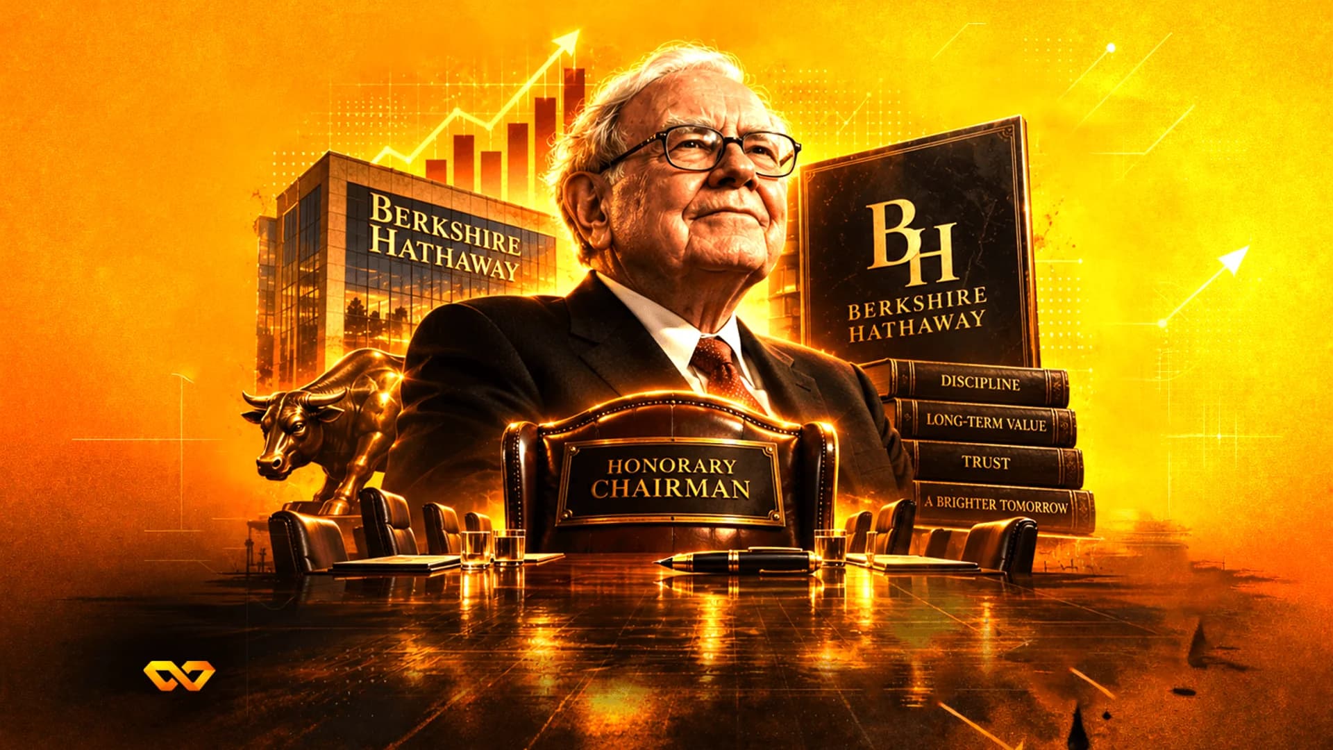 Golden illustration of Warren Buffett with Berkshire Hathaway branding, a bull statue, and a rising stock chart.