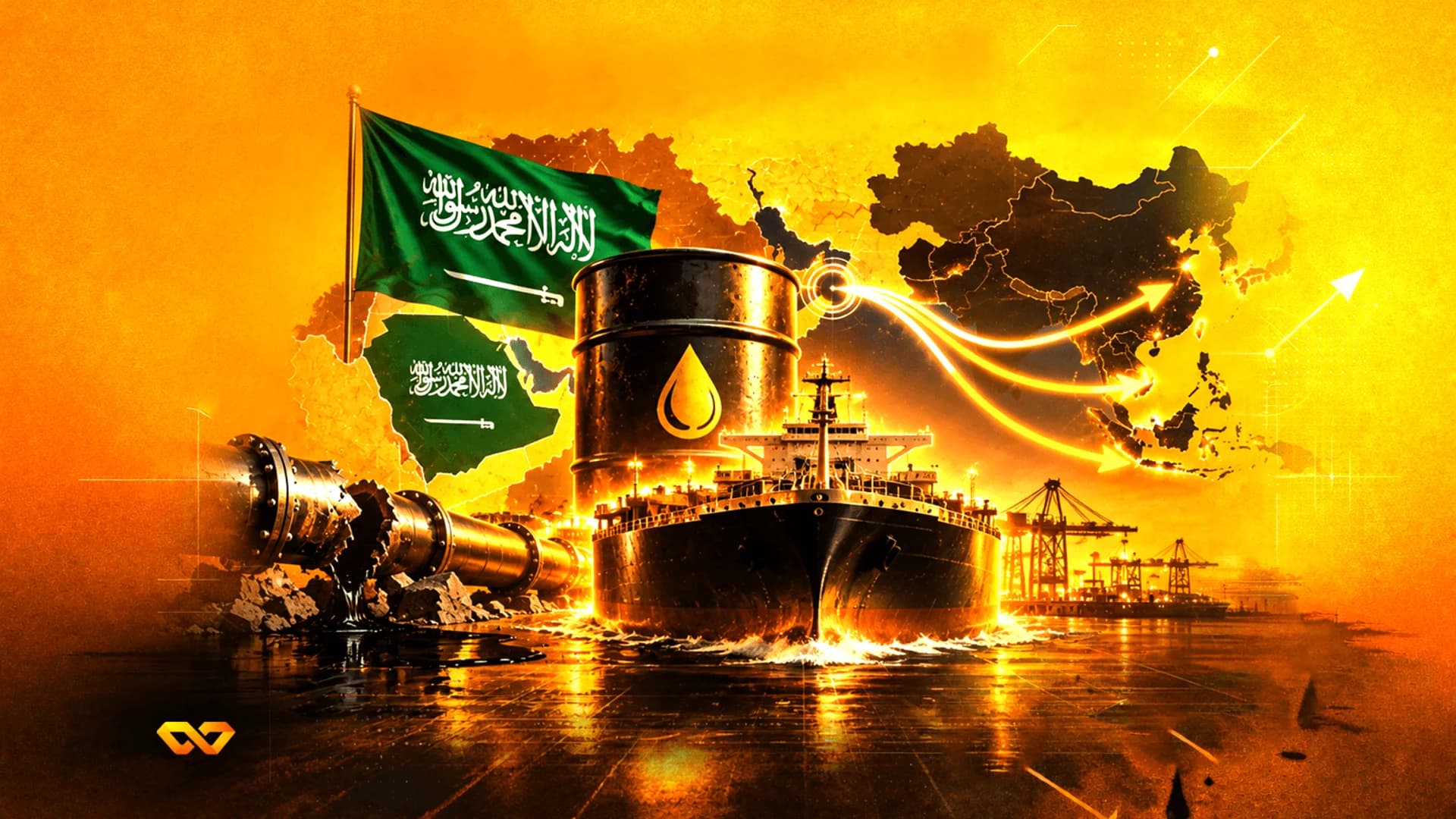 Saudi flag, oil barrel, tanker ship, and pipeline against an orange map showing trade routes to Asia.