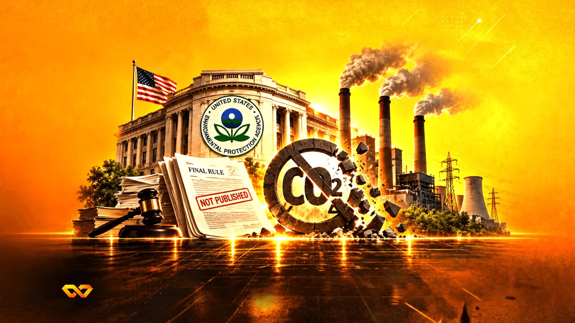 Illustration of the EPA building, a US flag, smoking power plant chimneys, a gavel, and a broken CO2 symbol.