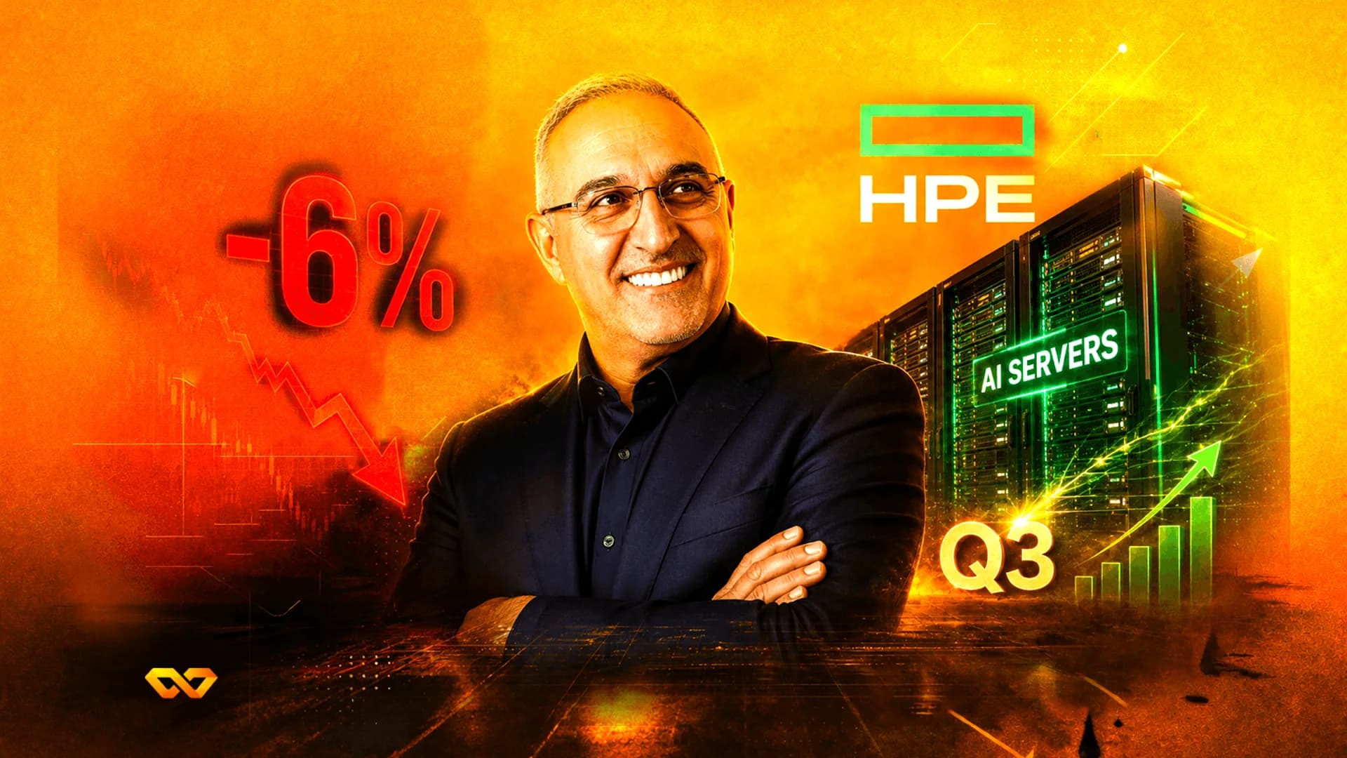 Man in a suit smiling next to HPE logo, server racks, a red -6% arrow, and a green Q3 growth chart on orange background.