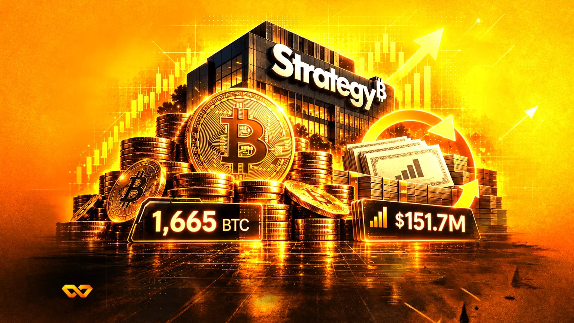 Golden Bitcoin coins piled in front of a building labeled Strategy, with digital displays showing BTC and dollar amounts.