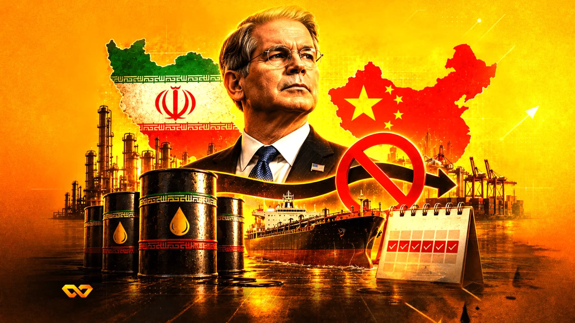 Illustration of a man in a suit with maps of Iran and China, oil barrels, a tanker, and a red prohibition sign.