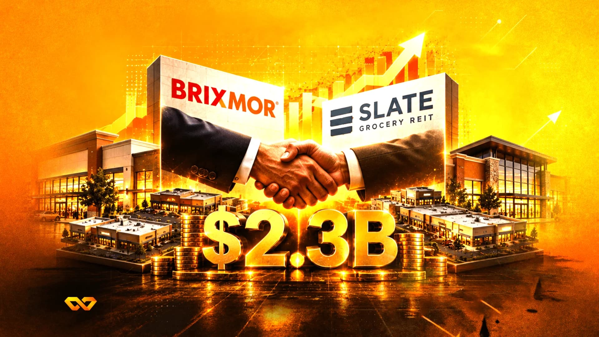 Handshake between Brixmor and Slate Grocery REIT logos over $2.3B in gold letters and shopping center buildings.