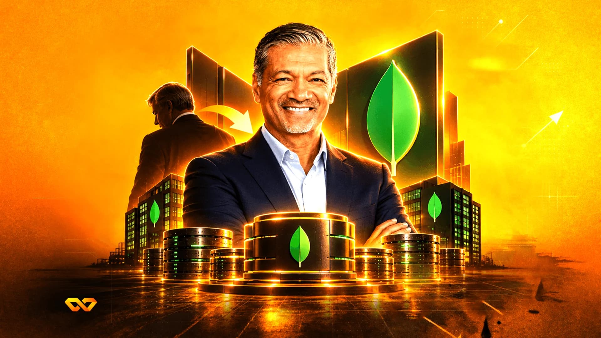 A man in a suit smiling in front of MongoDB logos, server stacks, and a golden cityscape background.