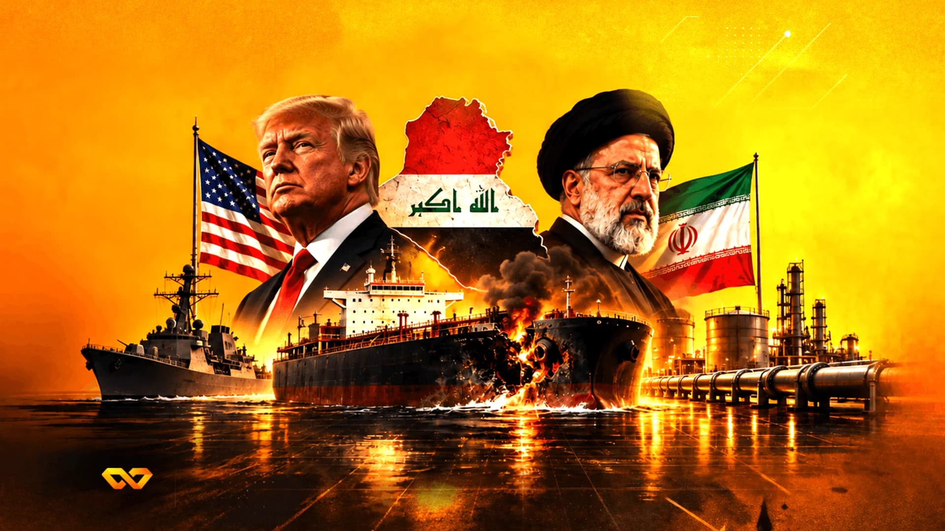 Portraits of Donald Trump and Ebrahim Raisi flanking a map of Iraq, with a burning oil tanker and national flags.
