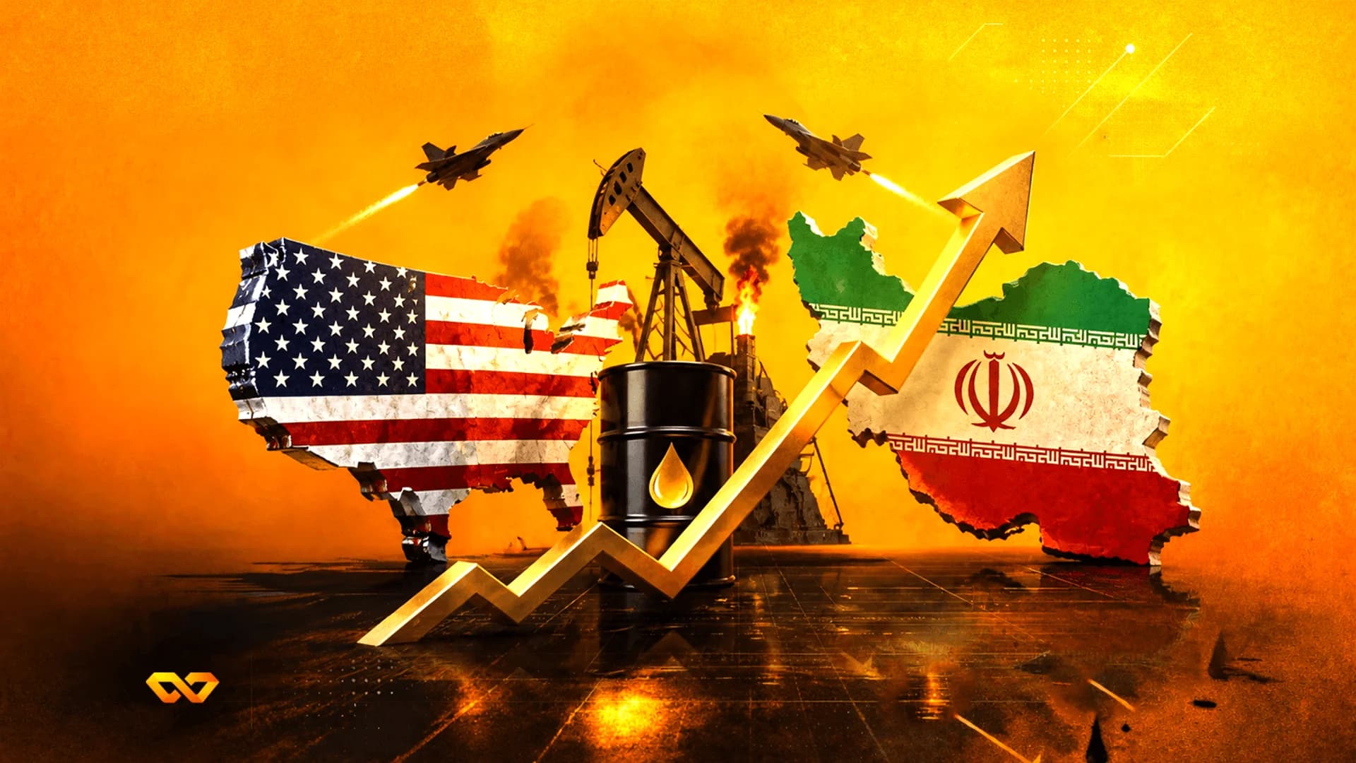 خرائط أمريكا وإيران مع أعلامهما، وبرميل نفط، ومضخة، وسهم ذهبي صاعد على خلفية برتقالية.