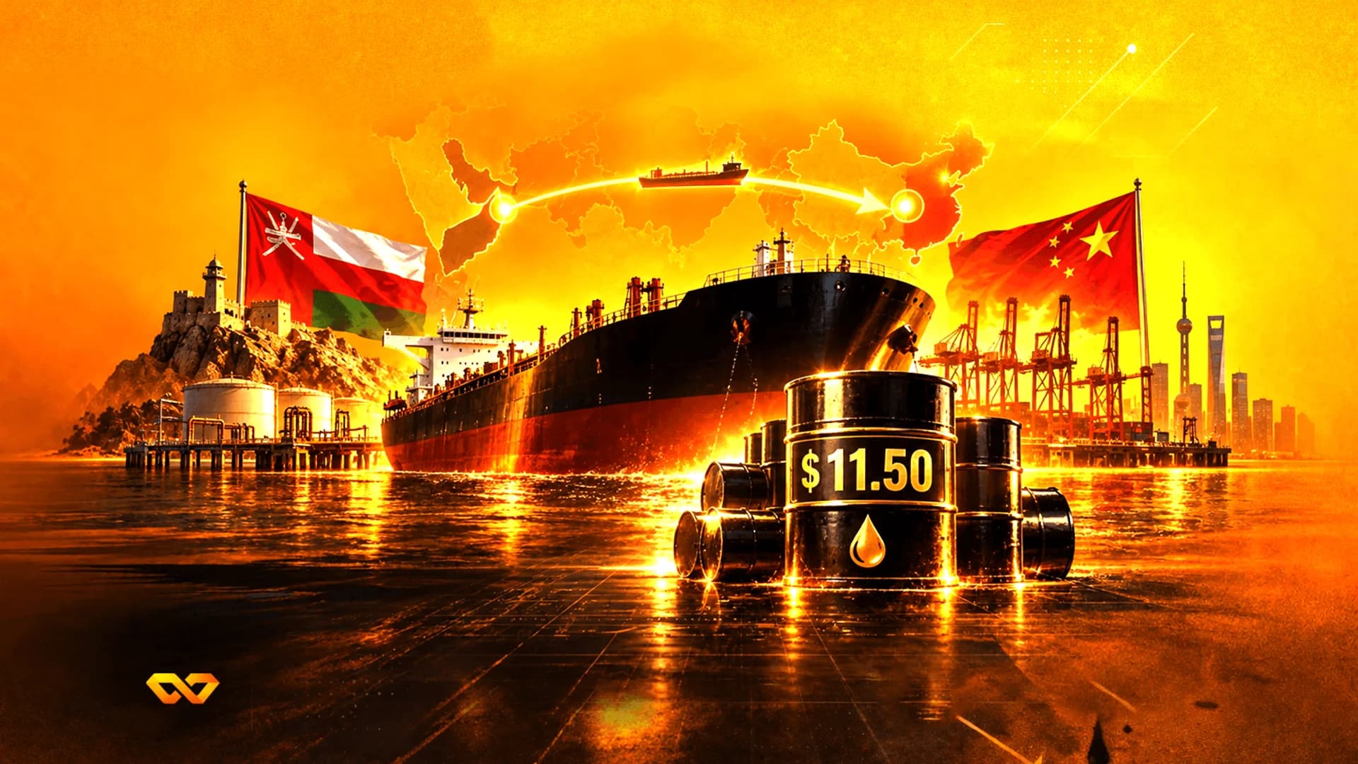 An oil tanker and barrels marked $11.50 between the flags of Oman and China against a golden sky.