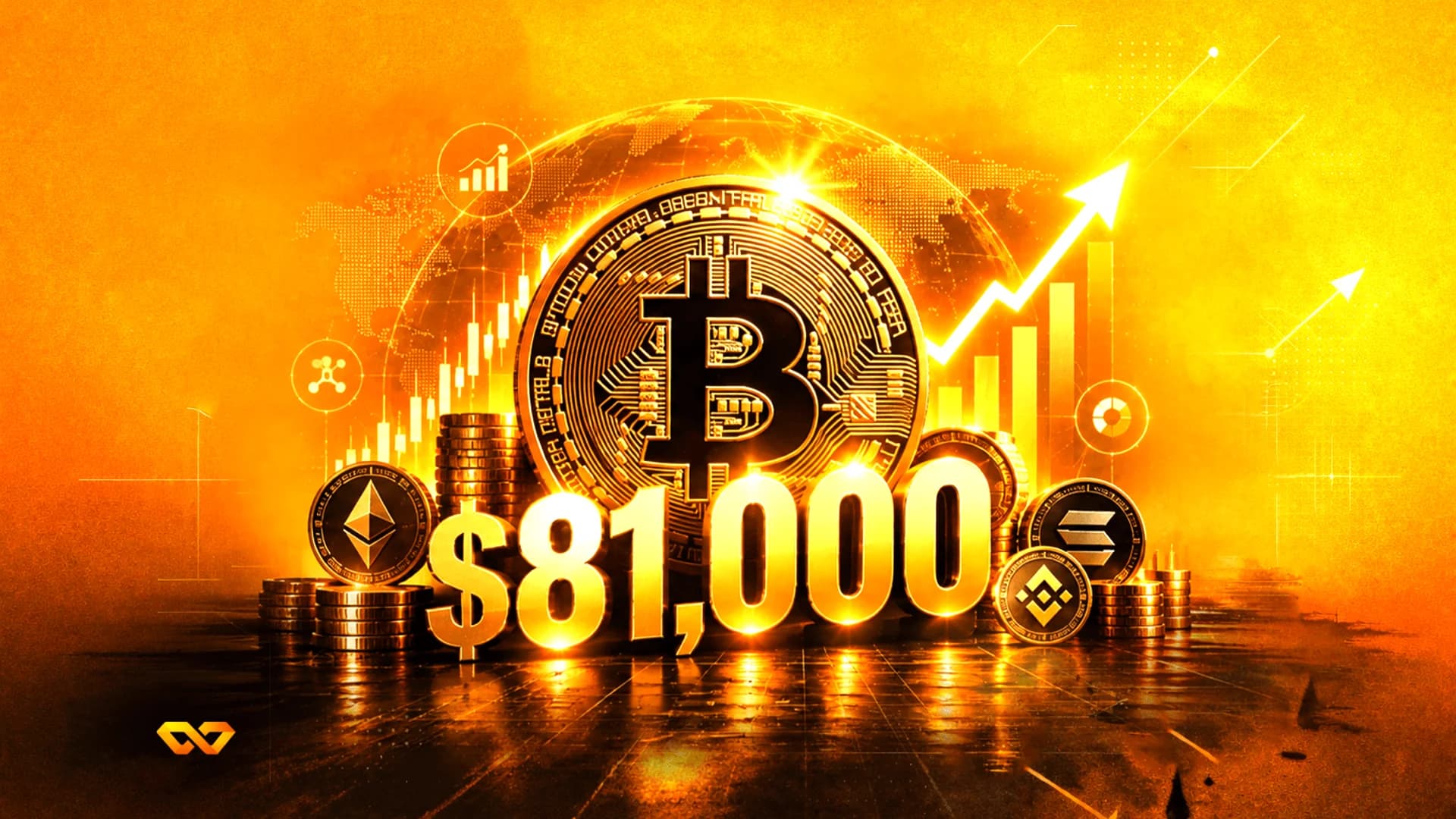 Golden Bitcoin coin and $81,000 text surrounded by Ethereum, Solana, and BNB coins with a rising price chart.