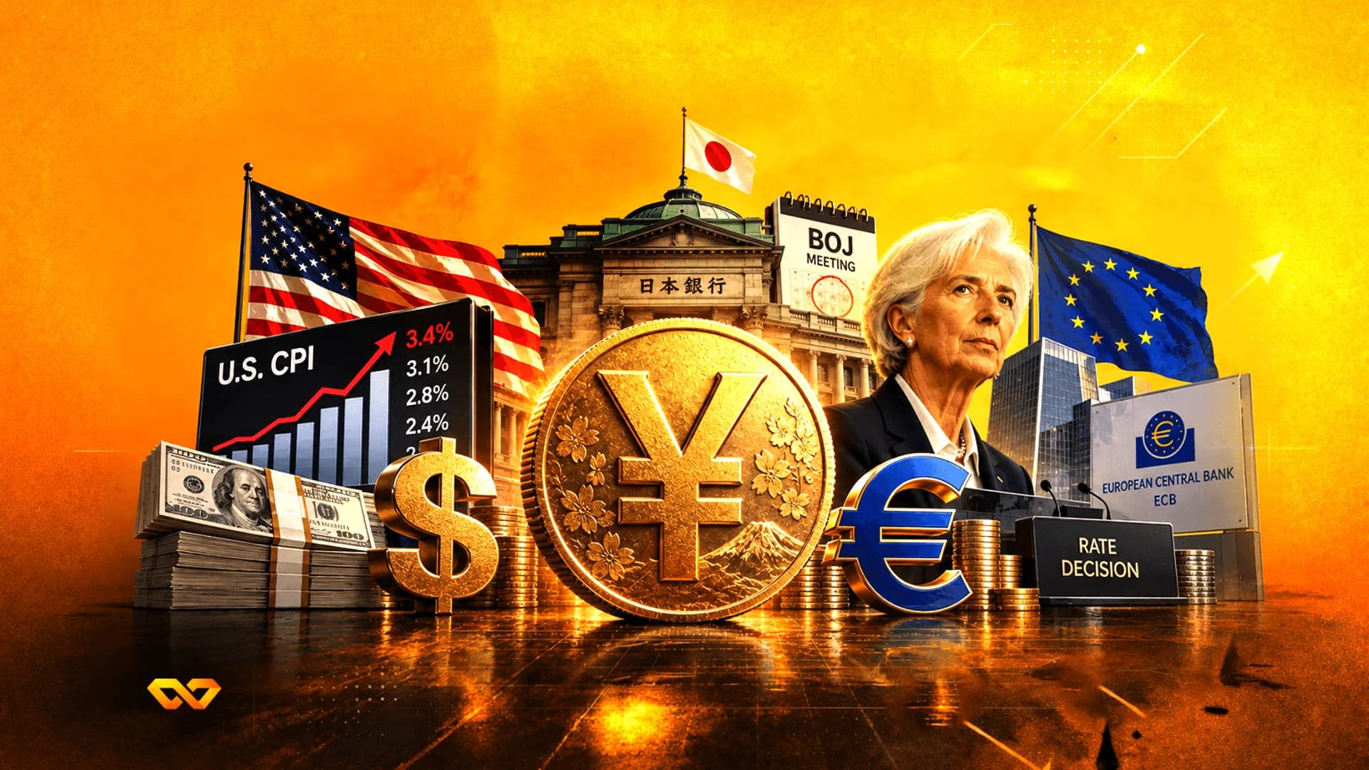 Collage of central bank symbols, flags, and Christine Lagarde against a golden background with economic charts.