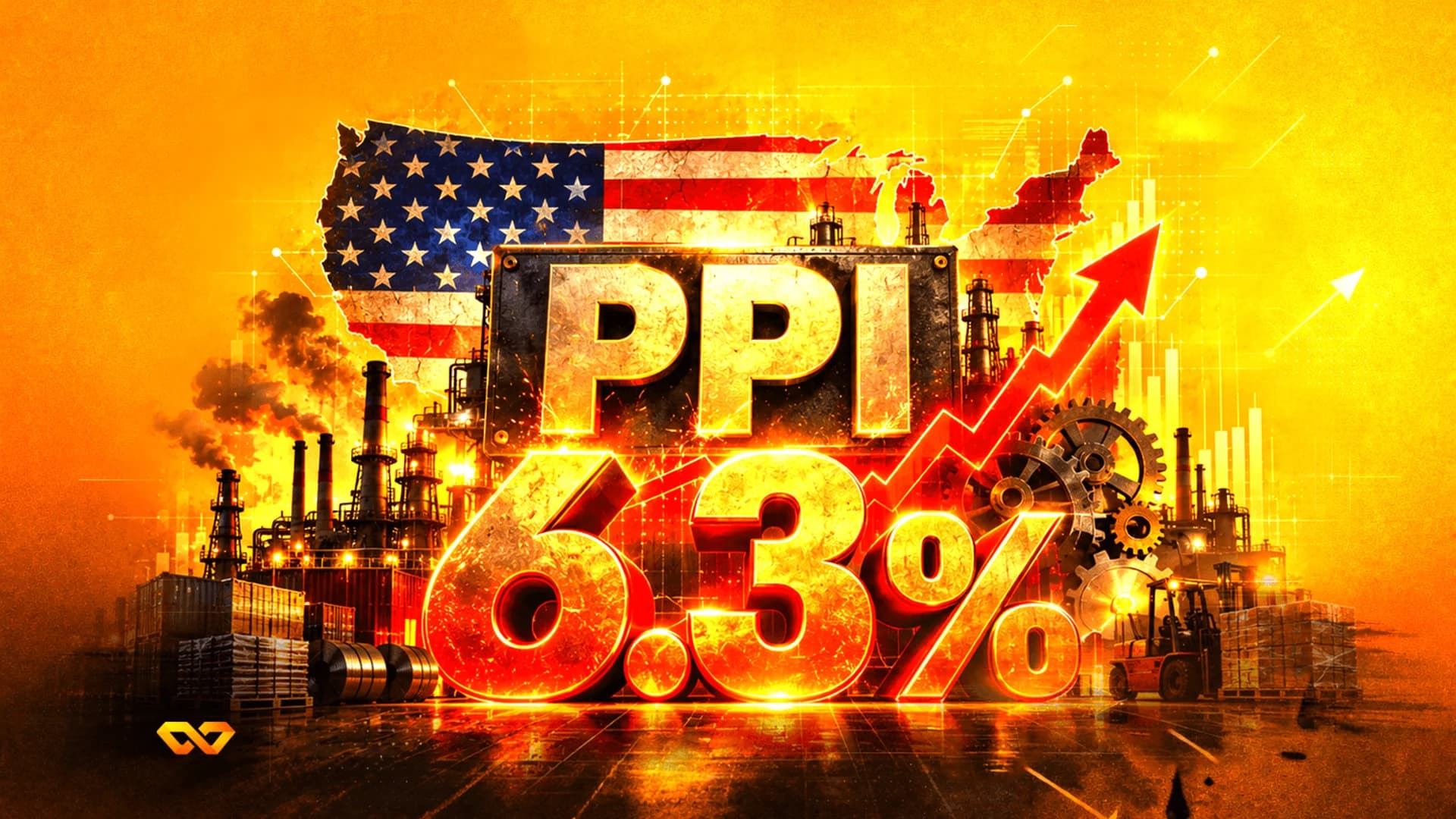 نص ثلاثي الأبعاد كبير يقرأ PPI 6.3% فوق خريطة علم الولايات المتحدة وخلفية مصنع صناعي مع سهم أحمر صاعد.