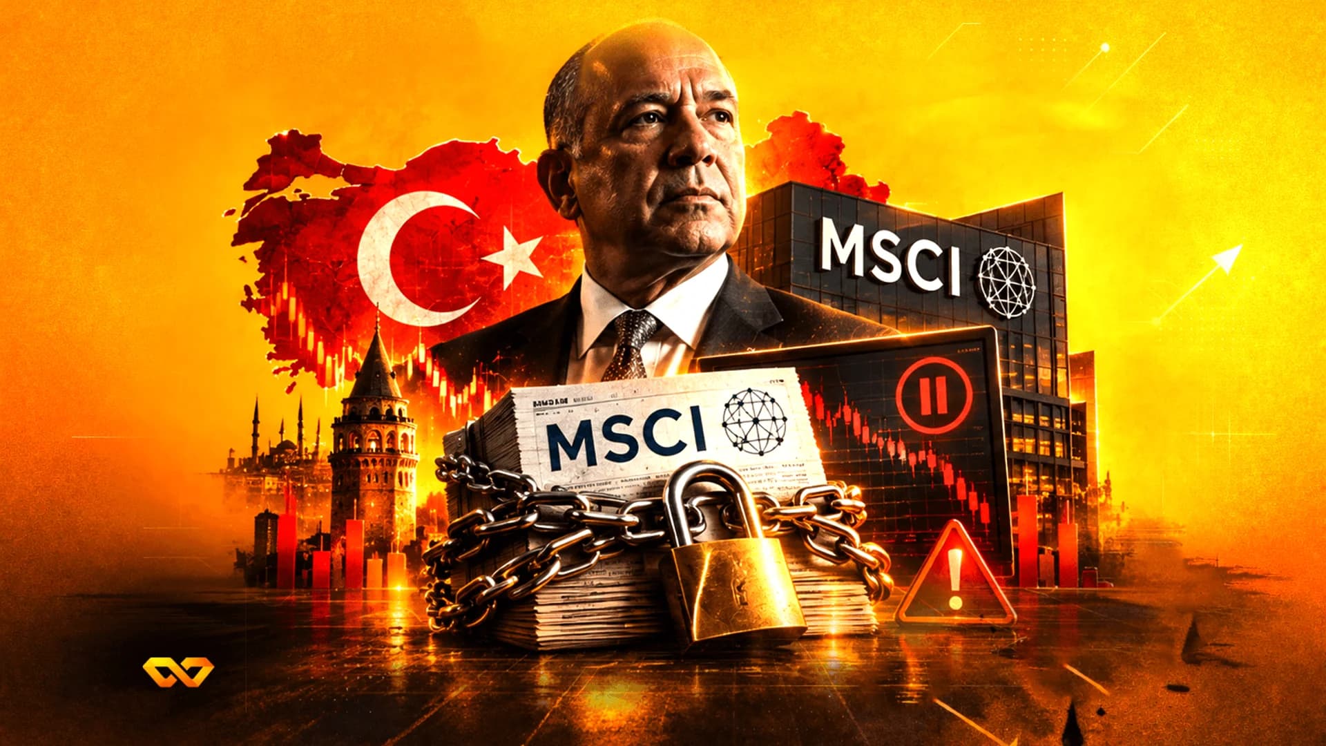 Portrait of a man over a Turkish flag, MSCI logo, a locked stack of papers, and a falling stock chart.